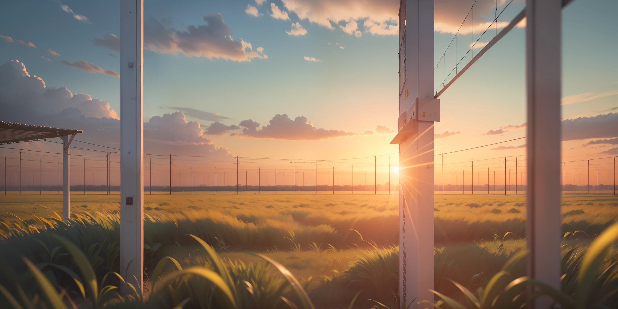 The bright, setting sun behind a solar panel structure over a field of green grass 4K --auto --s2