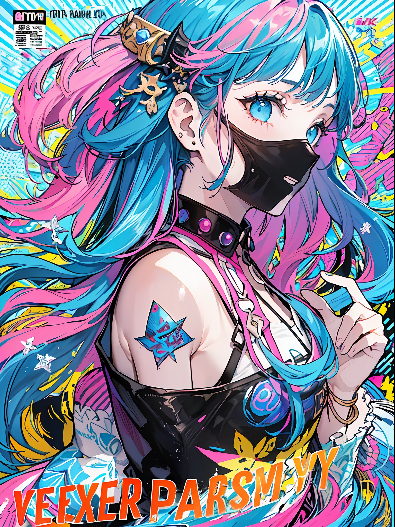 (masterpiece、top-quality、top-quality、watercolor paiting(Curly)、 (magazine:1.3), (cover-style:1.3), ((((Dramatic)))、(((gritty)))、(((vehement)))、Official art、Beautifully Aesthetic:1.2)、(1girl in:1.3)、(Fractal Art:1.3)、The upper part of the body、From Side、looking at the viewers、patterns、(rainbow-colored hair、colourful hair、Half blue and half pink hair:1.2)、Eau、liquids、clouds、colourfull、starrysky、stele、Tastes like a movie poster with a young woman as the main character。She wears stylish and edgy outfits、I have a determined look on my face。The background is bright and rough、Makes you feel danger and strength。Text is bold and attention-grabbing、Has a catchy tagline that adds to the overall sense of drama and excitement。The color palette is predominantly brighter、There are splashes of bright colors、It gives the poster a dynamic and visually striking look。Fashionable, with a vibrant, outfits, the pose, the front, Colorful, Dynamic, Background with, element, accessorized, An majestic, coiled, surroundings, touch, The scene, Texto, covers, It's bold, captures the attention, titles, stylish, font, Catchy, headline, The large, impressive, moderno, Trendy, focus, lo fashion,