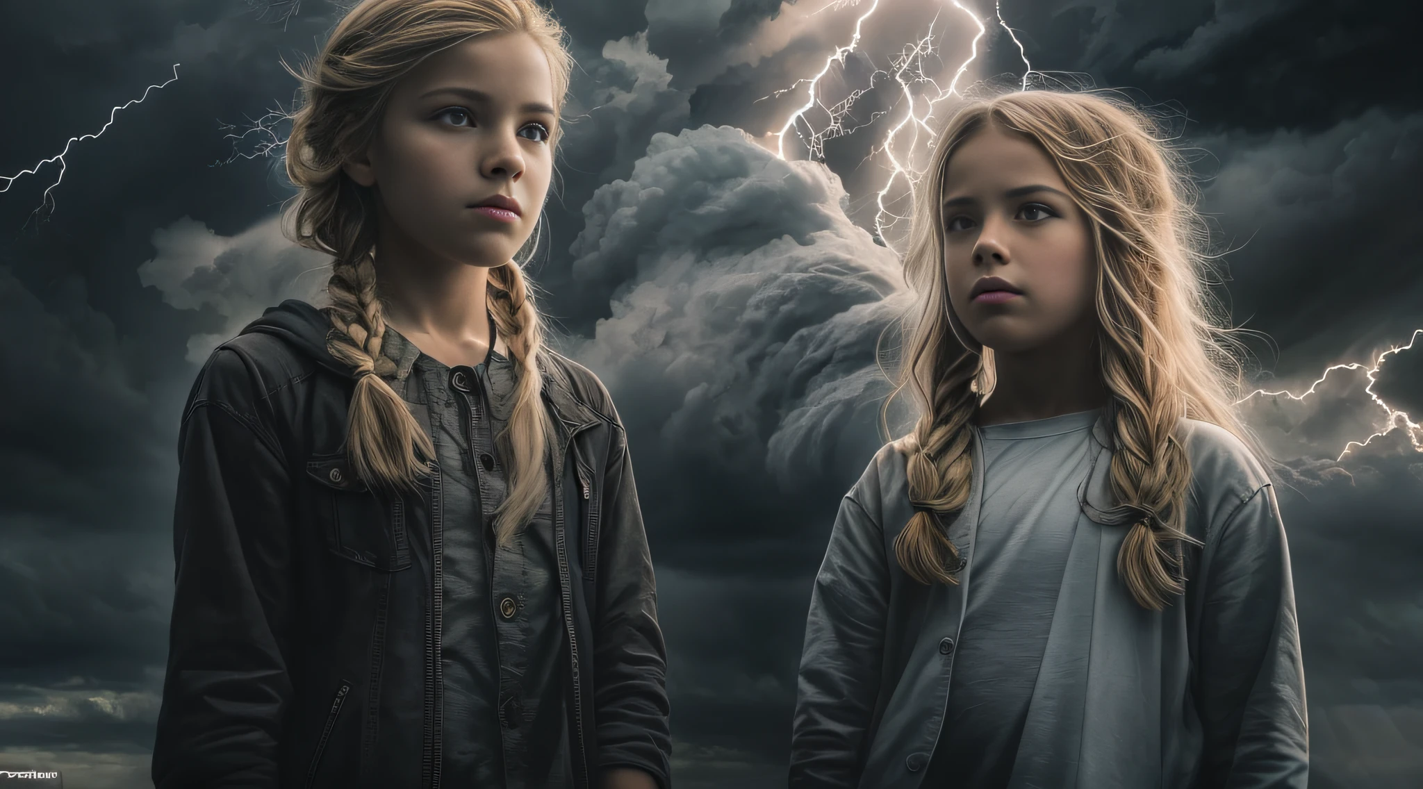 Um meio corpo, Portrait of 3 girls German children long blonde hair BRAIDS of 12 years, jaquetas couro vermelhas, holding in his hands a cross, Image of a large cloud of black smoke and lightning, magic storm and thunder clouds, Dark clouds and lightning, stormy sky with thunders, dark storms with lightning, thunderstorm in the sky, tempestade assustadora, fundo da tempestade, lightning clouds, nuvens tempestuosas escuras, tempestade, Tempo tempestuoso com raios, fundo da tempestade, trovoada ao fundo, fundo da tempestade de raios, Trovoadas