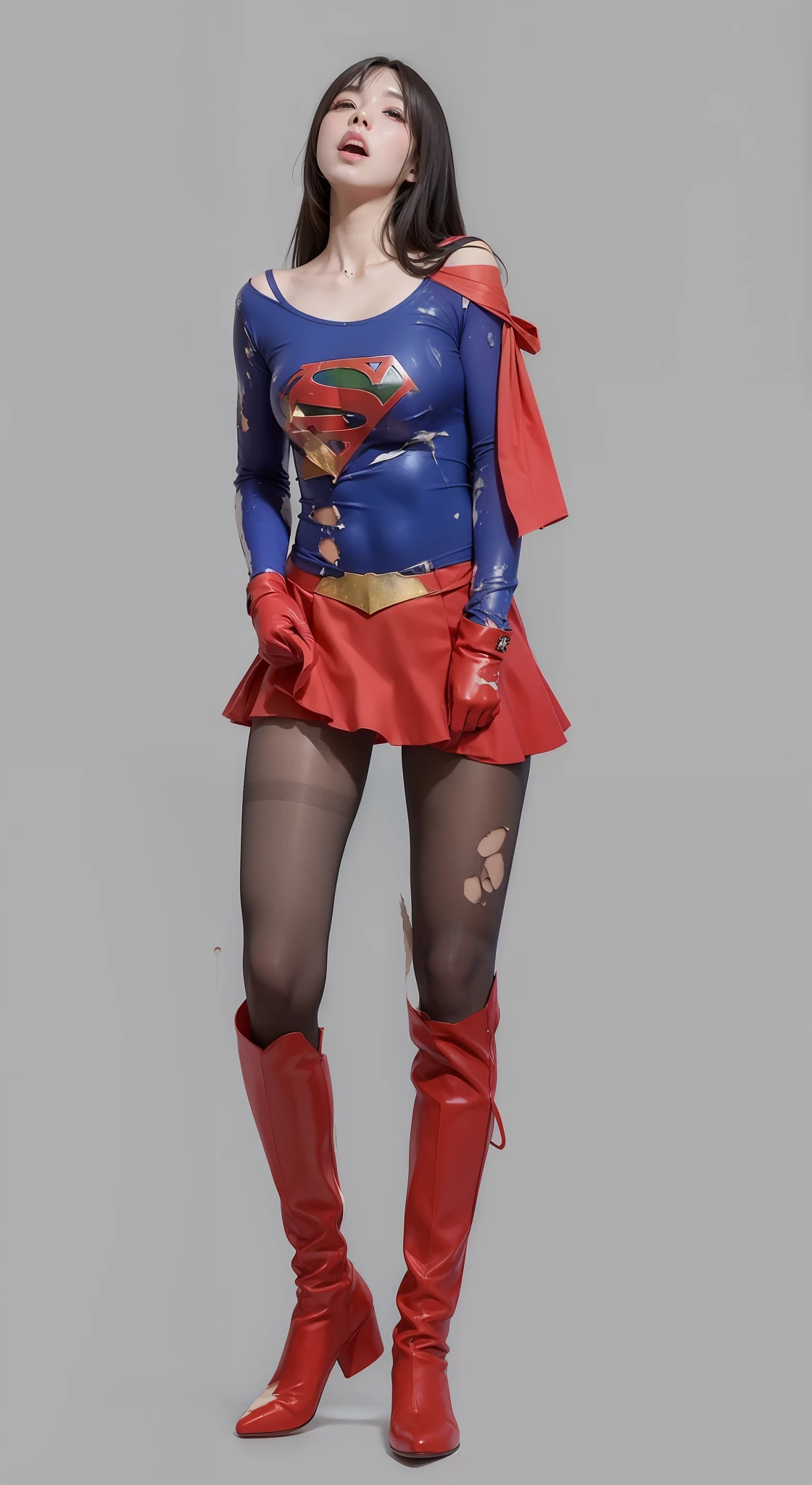 The costume is torn to shreds、battered、super girl、Covered with green liquid