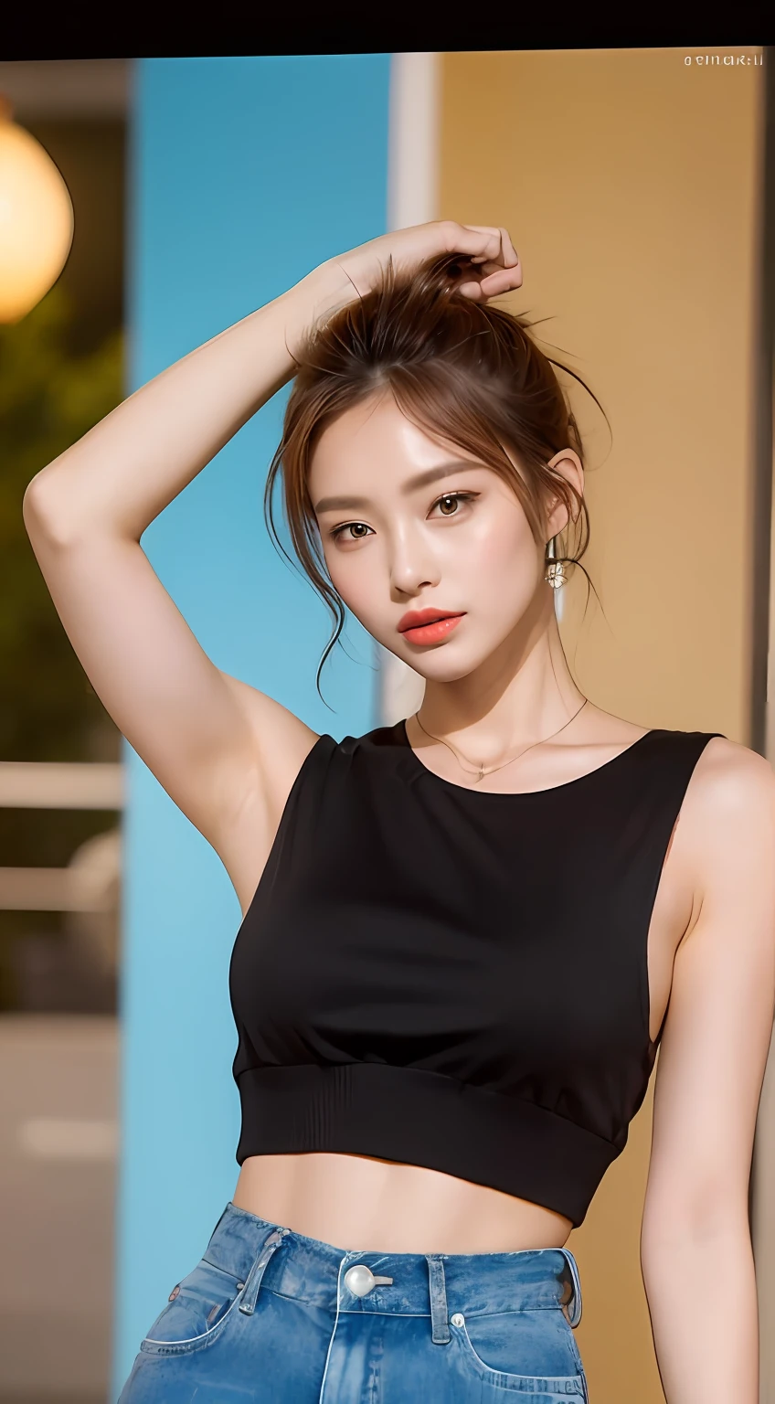 ((top-quality、8K、​masterpiece:1.3))、1girl in、Slim Abs Beauty:1.3、She has a stylish and energetic look like an attractive gal。

hairstyle on: Her hair is in a trendy style.、It is a hairstyle that exudes a cheerful image.。

Hair color: Her hair color is bright、It expresses a pop atmosphere like a gal。

Skin: Her skin is tanned and、Healthy and has radiance。

garments: She wears fashionable fashion like a gal。Trending designs and colorful shades are characteristic.。

body type: Her figure has a cheerful and active silhouette、Attractive energy is felt。

This masterpiece is painted in the highest quality、The fashionability and energy of a woman with the image of an attractive gal、Brilliantly expressed by trending hairstyles and pop fashion。