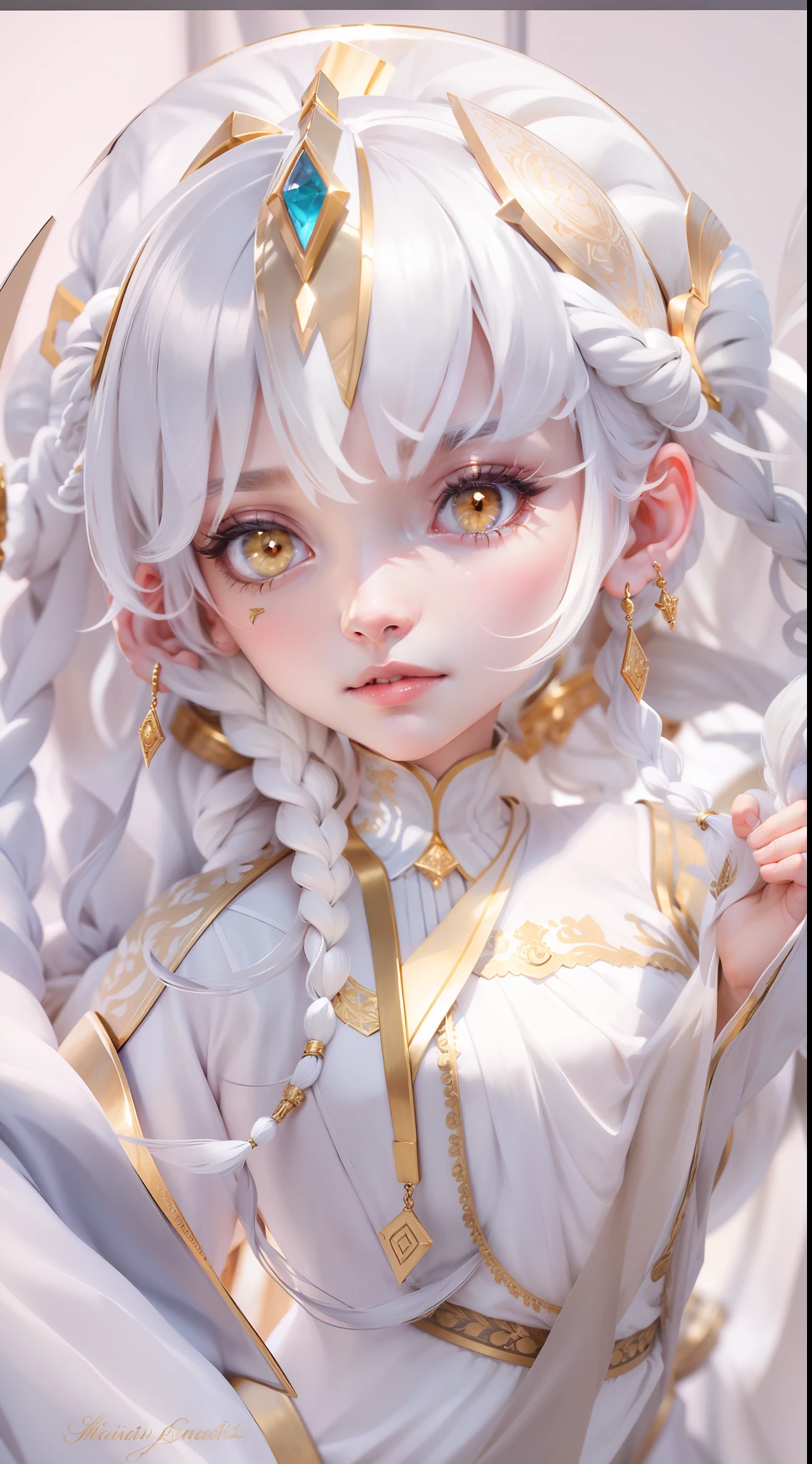 best quality, masterpiece,white hair, gold eyes,white clothes, looking up, upper body,hair strand,Fair skin,side braids