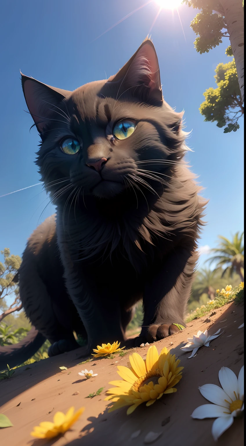 Um gato felino preto escondido em um arbusto de grama, jardim com flores, dia ensolarado, luzes do sol, blue skies, folhas caindo, outono,