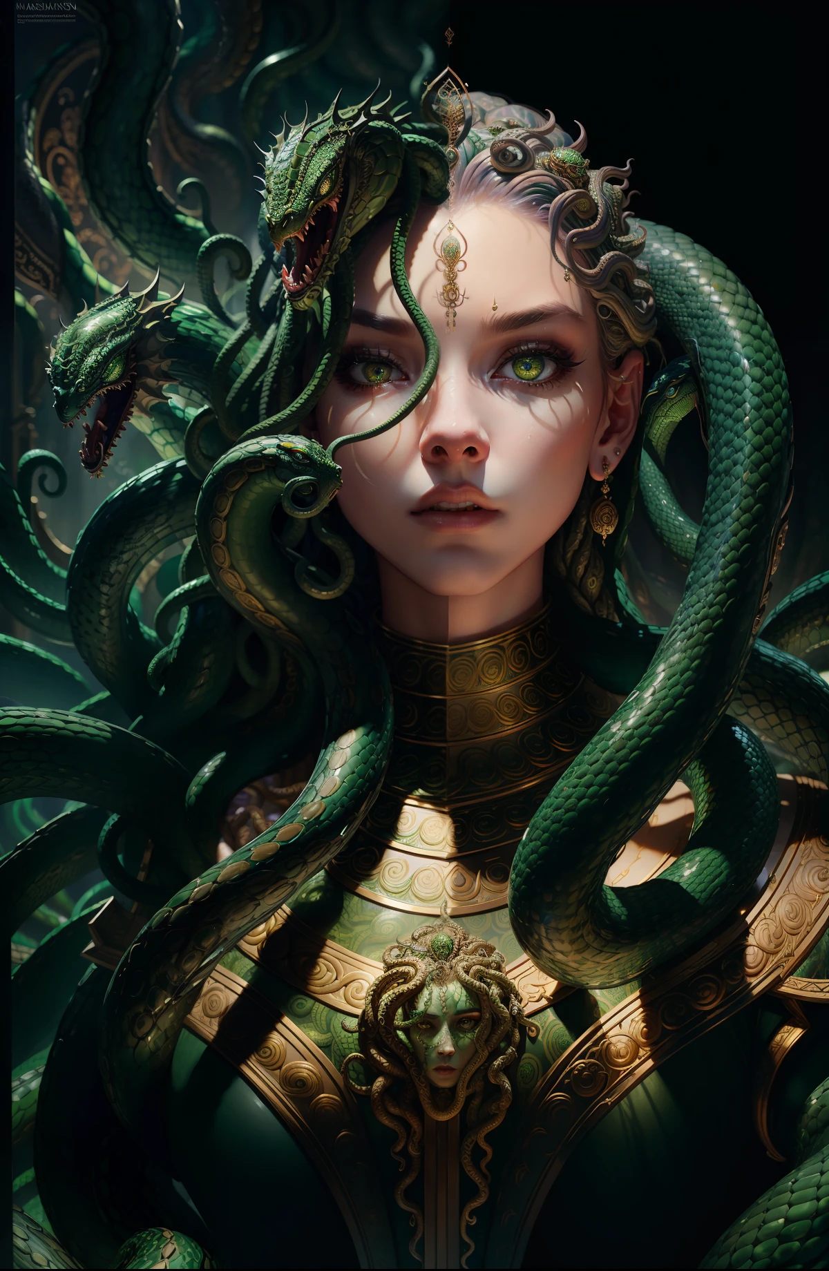 ((best quality)), ((masterpiece)), ((realistic)), Medusa, full body, the hair is composed of countless small snakes, green eyes, female face, metal carved top, royal aura, trend on artstation , sharp focus, studio photo, intricate detail, very detailed, detailed eye, illustration, very detailed, sharp focus, digital render, professional, 4k