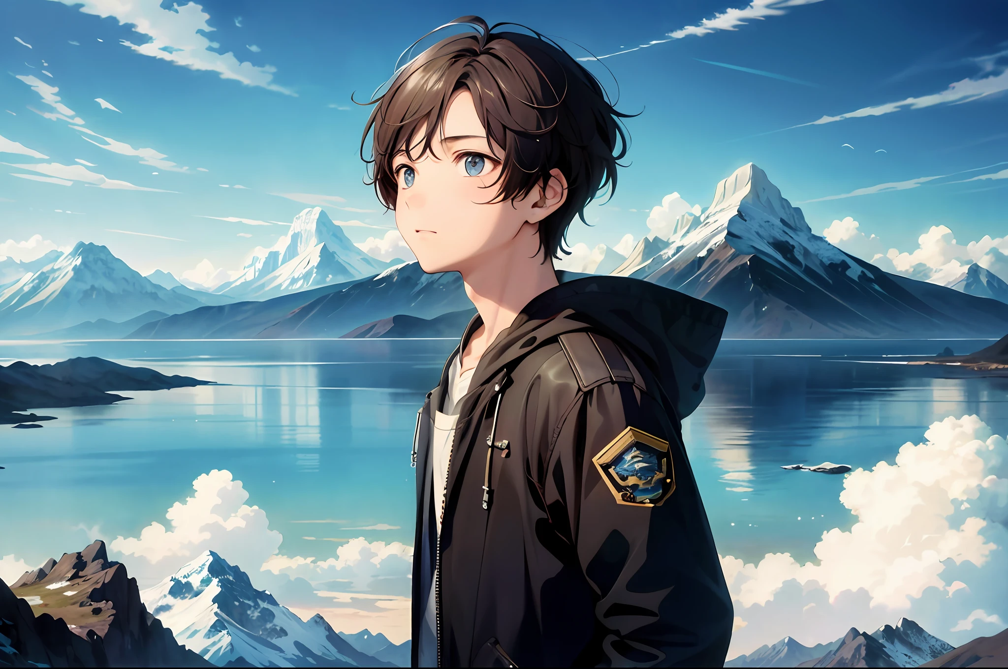absurd, high resolution, (official art, beauty:1.2), close-up, brilliant sky, wide world, boy, gaze, awe-inspiring expression, distant horizon, clouds, mountains, natural beauty, inspiration, light effects,