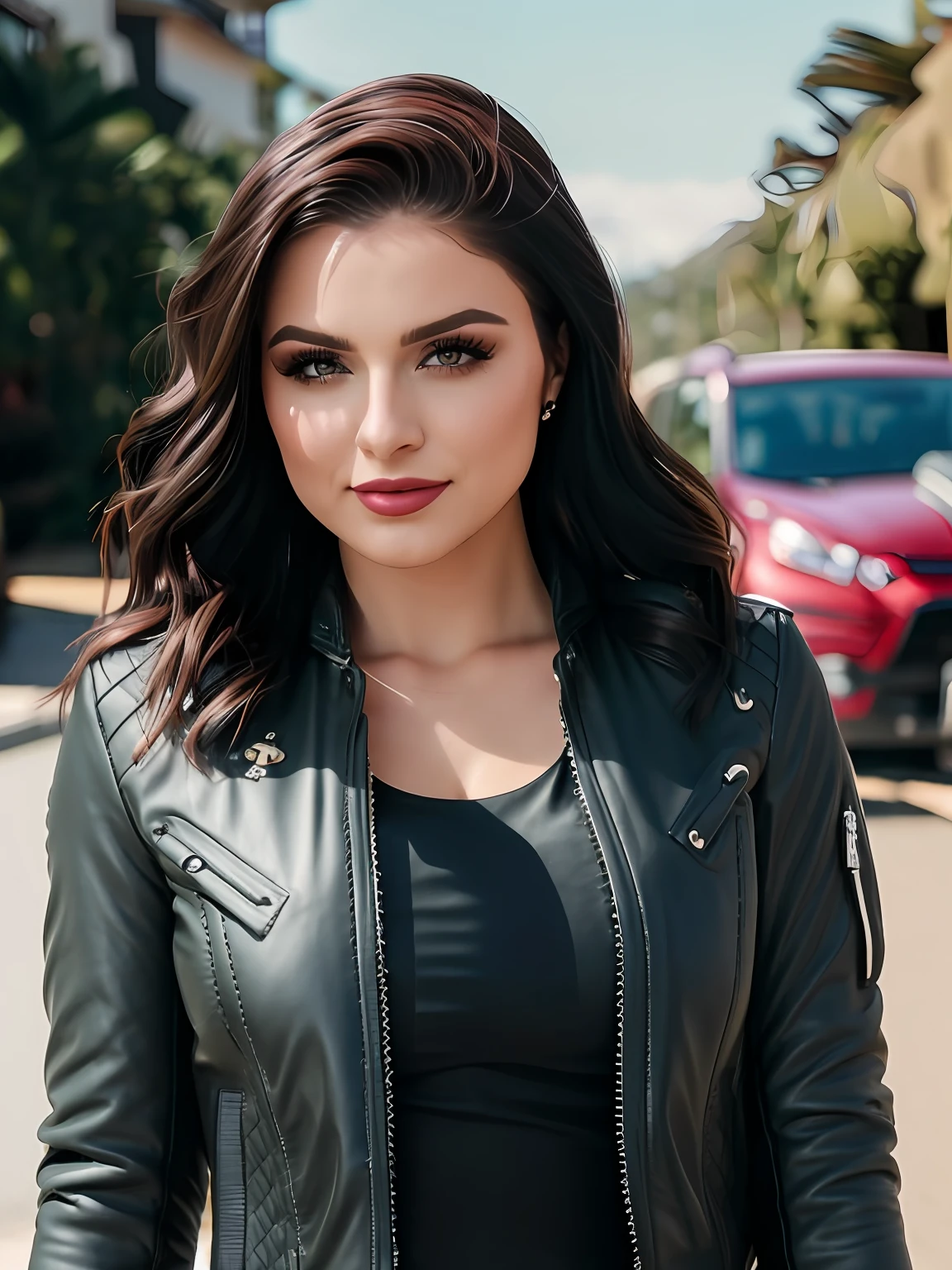 Araffe woman in black leather jacket standing on street with cars in background, Violeta Myers, vestido com jaqueta de couro, gorgeous female jade tailor, ela usa jaqueta de couro, Retrato Sophie Mudd, usando jaqueta de couro, vestido com jaqueta de couro curta, Lorena Avarez, usando uma jaqueta de couro, linda mulher bonita, Anna Nikonova aka Newmilky, Crisa secular