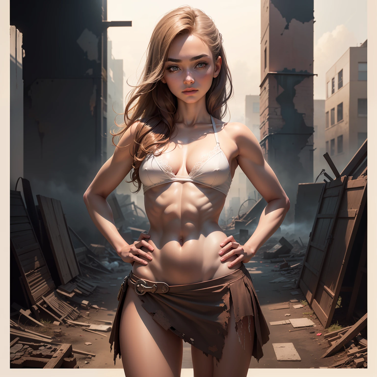 (best quality:1.2), (masterpiece:1.2), (detailed:1.2), 1girl, a girl as a lifeguard, Standing with hands on hips, looking down at the ground, in the sun on a white lifeguard tower, Swim board, skinny, abs, ribs, flat chested, small breasts (perfect anatomy), (detailed eyebrows, beautiful eyes, realistic skin, detailed face:1.3), A-line skirt,Rose gold hair, Straight hair,(intricately detailed post apocalyptic ruins ((intricately detailed rusty decayed overgrown building)), ultra realistic, concept art, elegant, highly detailed, intricate, sharp focus, depth of field, f/1.8, 85mm, medium shot, mid shot, (centered image composition), (professionally color graded), ((bright soft diffused light)), volumetric fog, trending on instagram, trending on tumblr, hdr 4k, 8k