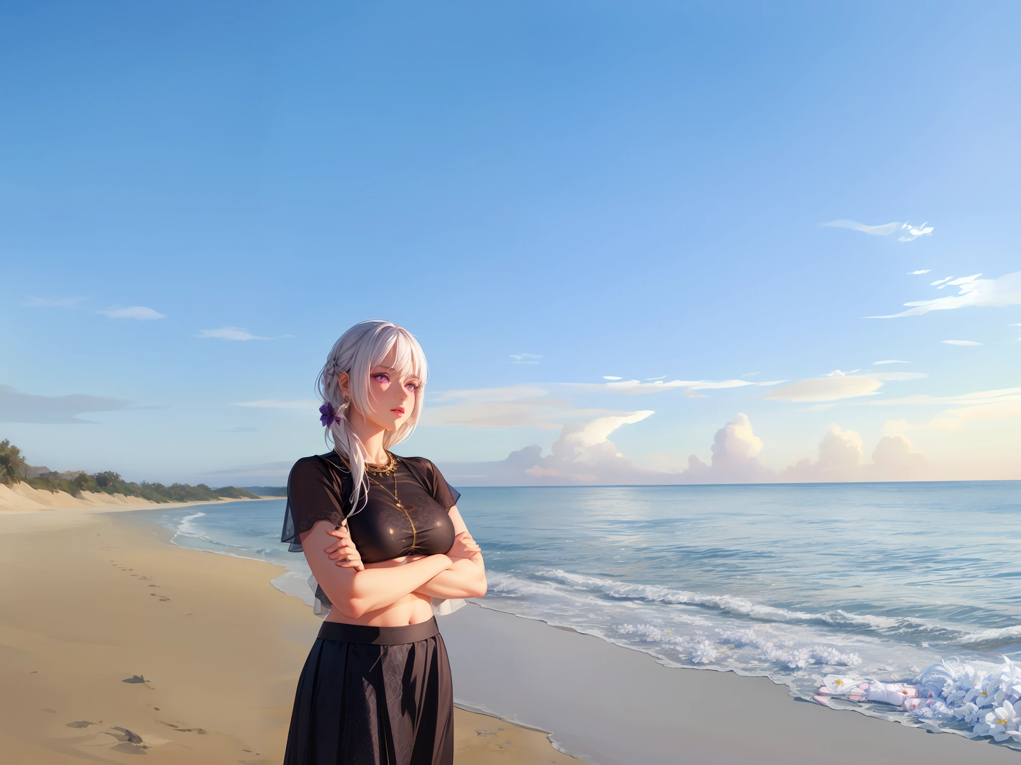 realistic, 1girl, white hair, purple eyes, glowing eyes, crop top, skirt, parted lips, blush, night, flowers, sun, sunlight, bikini