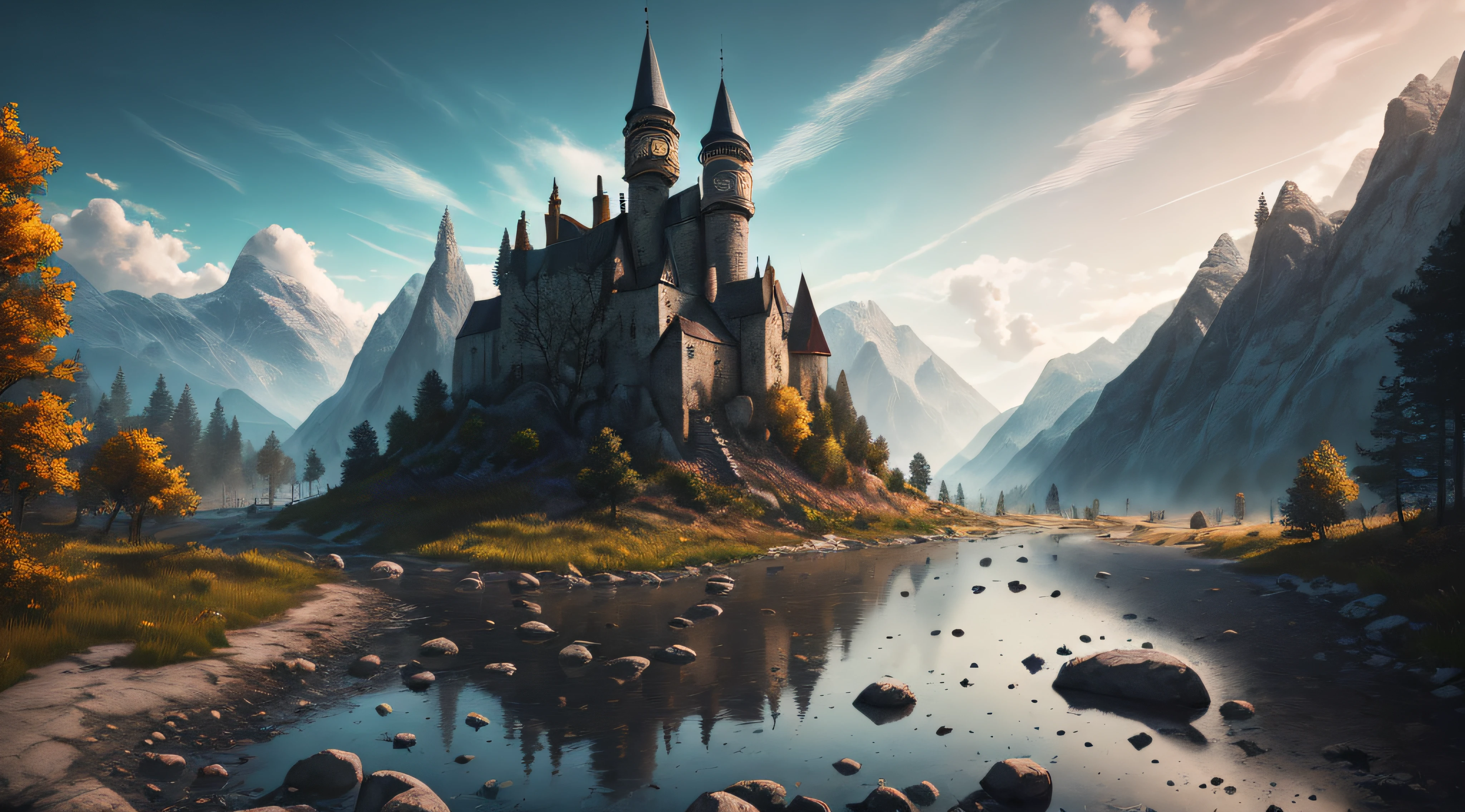 magic landscape,elden ring, dark arts, the witcher,realistic photo,breath taking, sharp lense, professional photographie, 70mm lense, detail love, good quality, unreal engine 5, wallpaper, colerful, highly detailed, 8k, soft light, photo realistic