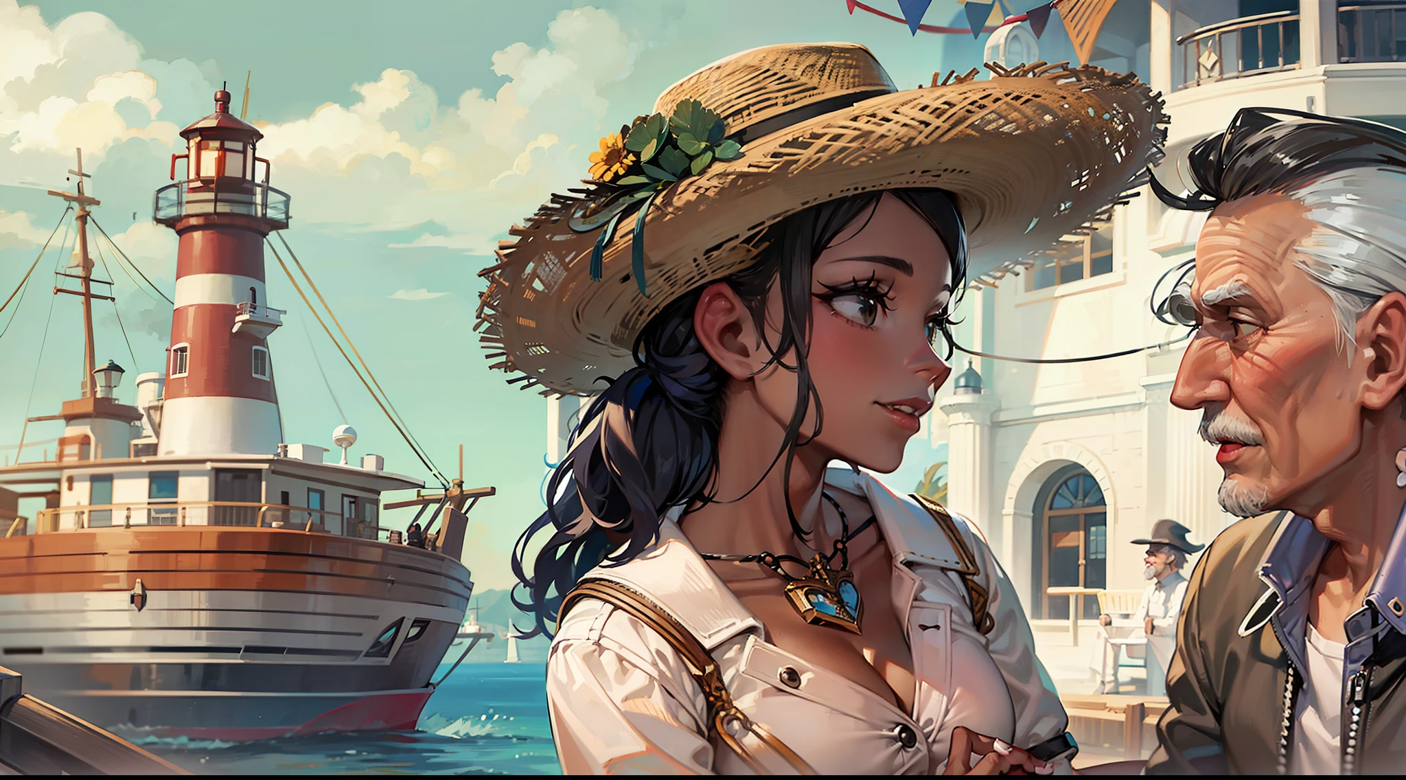 "A girl with ebony hair and a stylish cowboy hat engaging in a lively conversation with an aged man ship captain at the bustling seaport in close proximity to a picturesque white lighthouse."