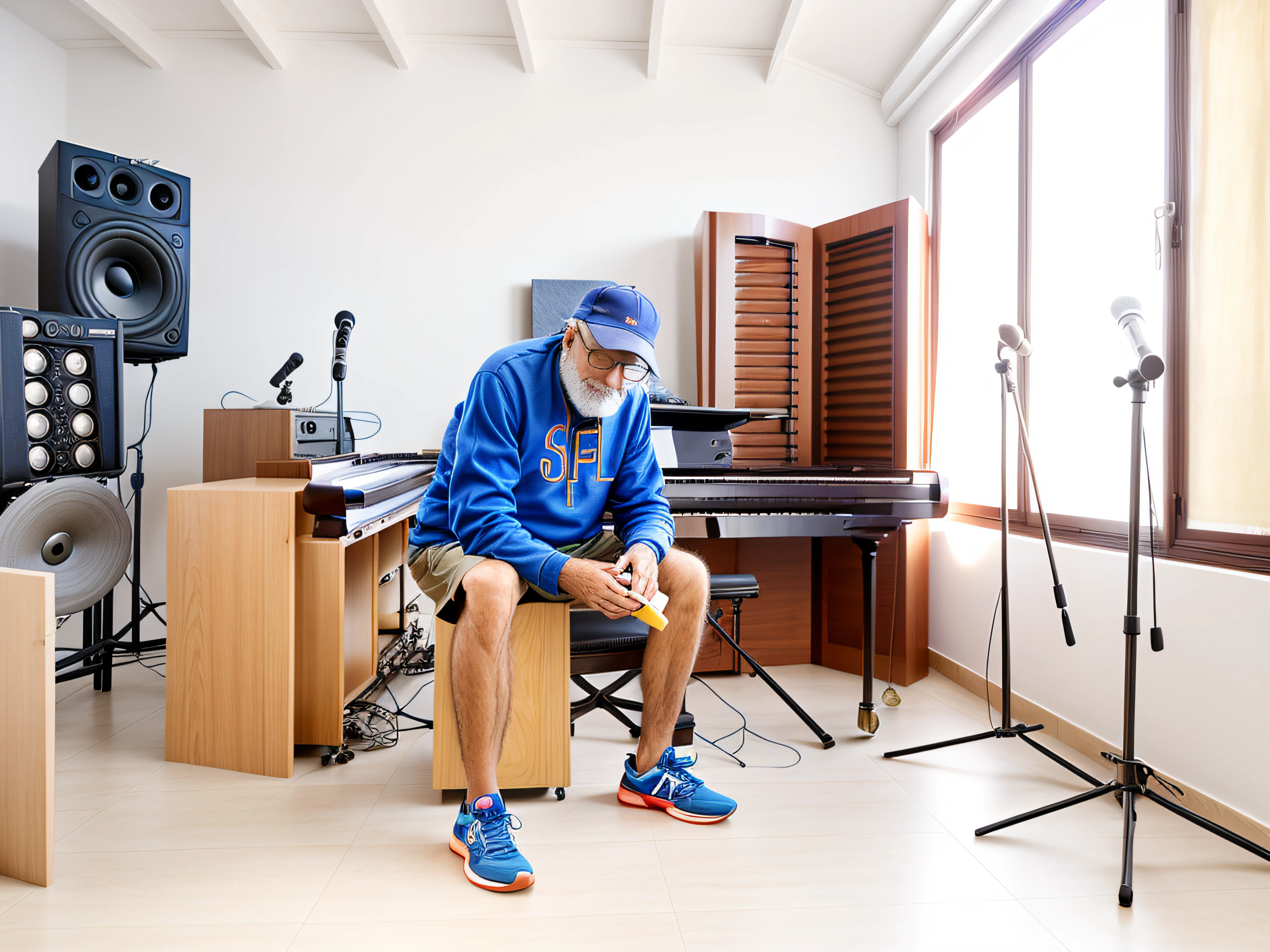 There's a 60-year-old man sitting on a stool in a room, ropa deportiva, Toma de estudio, in his music studio, foto de retrato, imagen vertical, parlantes, microfonos, piano, atril, realista, 32 k