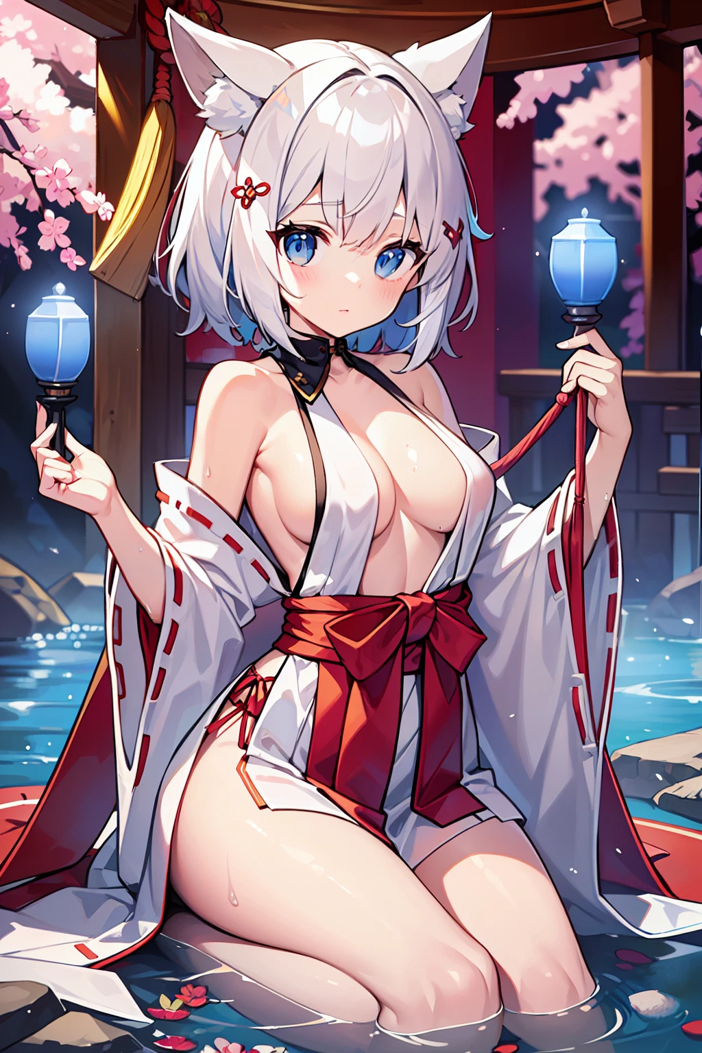 (master masterpiece)、(The Highest Quality)、(ultra details)、(best anatomy)、OFFICIAL ART、One Girl、Lori with light-coloured hair、e littl、Silk Hakama、small breasts、cleavage breasts、off shoulders、sideboob、Thigh Focus、Wet and see-through、shinto shrine、lake