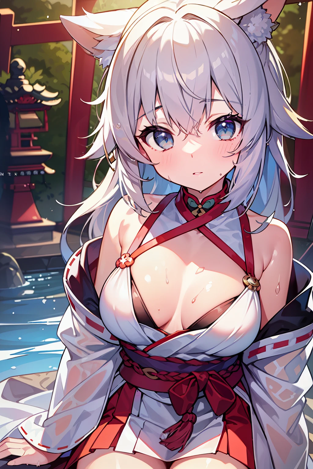 (master masterpiece)、(The Highest Quality)、(ultra details)、(best anatomy)、OFFICIAL ART、One Girl、Lori with light-coloured hair、e littl、Silk Hakama、small breasts、cleavage breasts、off shoulders、sideboob、Thigh Focus、Wet and see-through、shinto shrine、lake