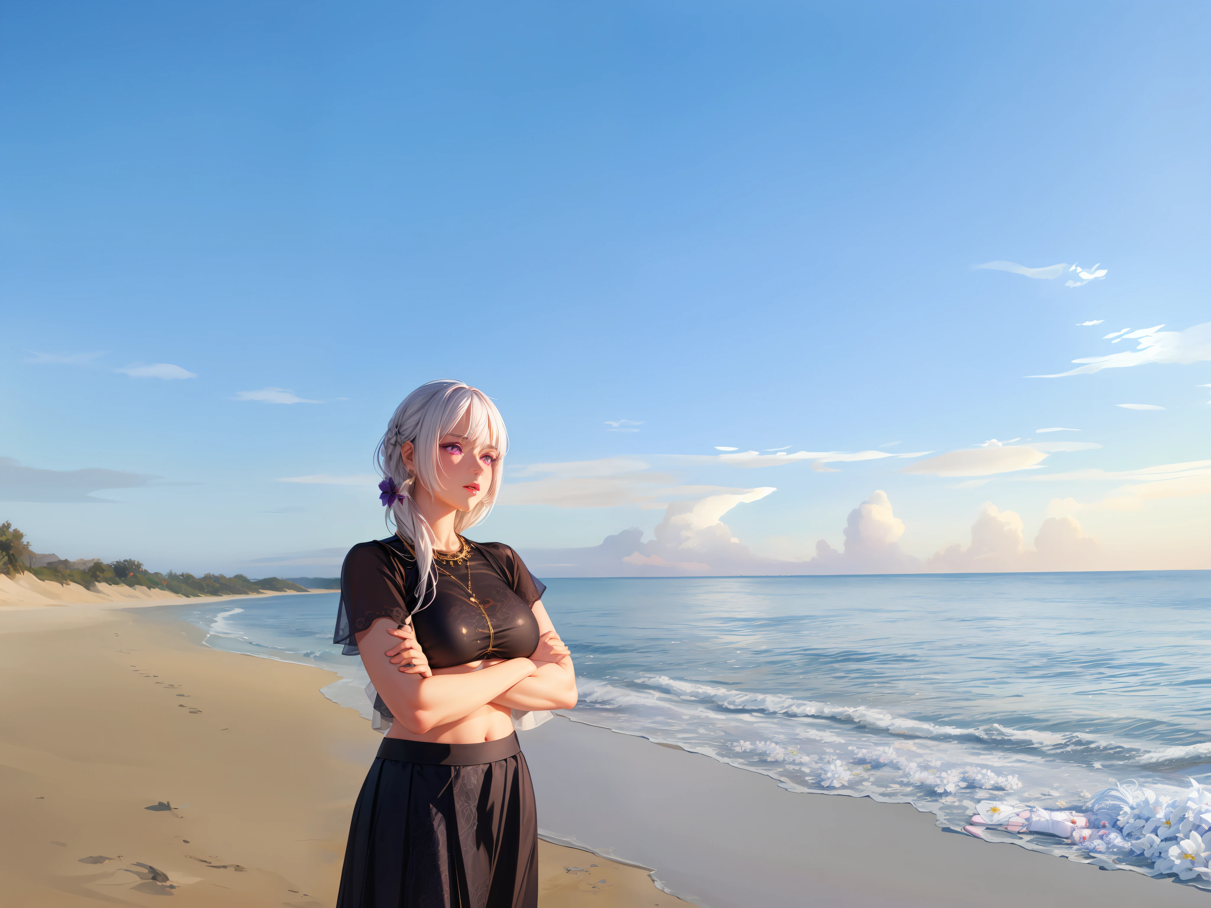 realistic, 1girl, white hair, purple eyes, glowing eyes, crop top, skirt, parted lips, blush, night, flowers, sun, sunlight, bikini