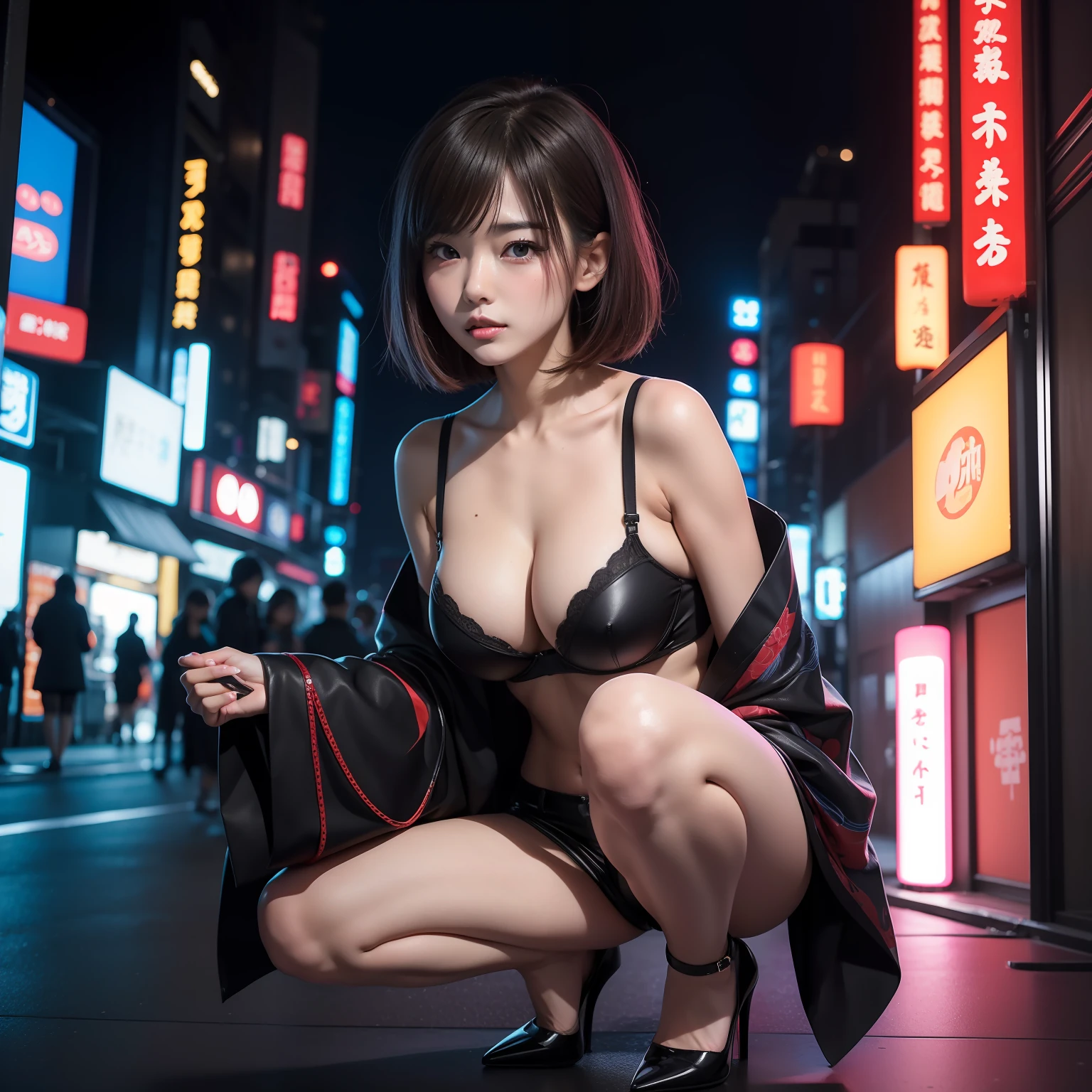 8k、RAW Photos、top-quality、​masterpiece:1.2、realisitic、Photorealsitic:1.37、女の子1人、japanes、28 year old、femele、Night city、Cyberpunk city、Neon Street、Red and blue light、Light brown hair、bob cuts、详细的脸、Detailed lips、detailedeyes、二重まぶた、huge-breasted、Black skin bra、Black leather shorts、Wearing a kimono、Sense of transparency、high-heels、、perfectbody、shinny skin、crouching down、sexypose、Make eye contact with the camera、full bodyesbian、nighttime scene