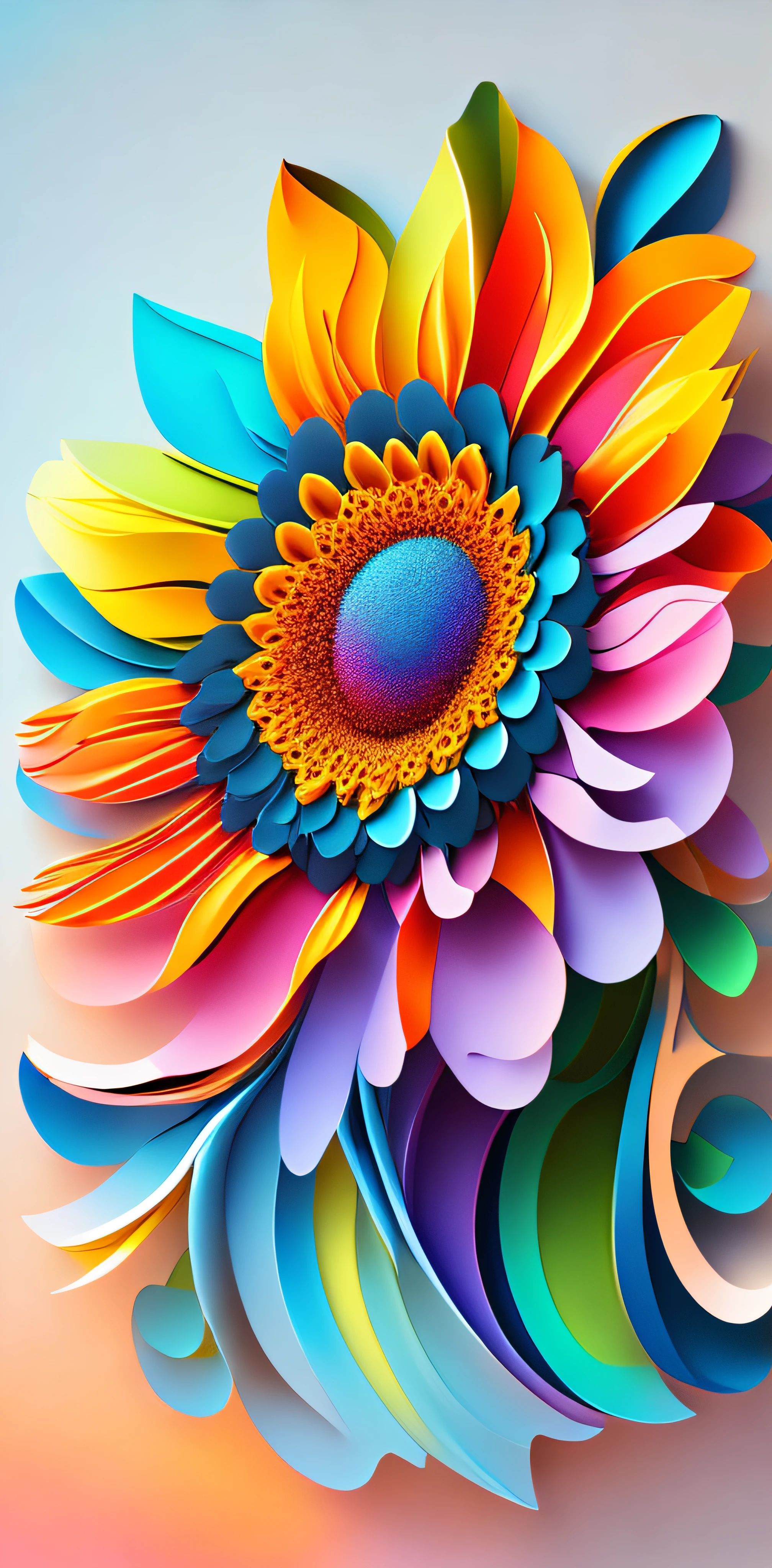 abstract rainbow sunflower,  wallpaper, flat design style, splash water, colorful, intricate, papercut, 8K, glass, splash color