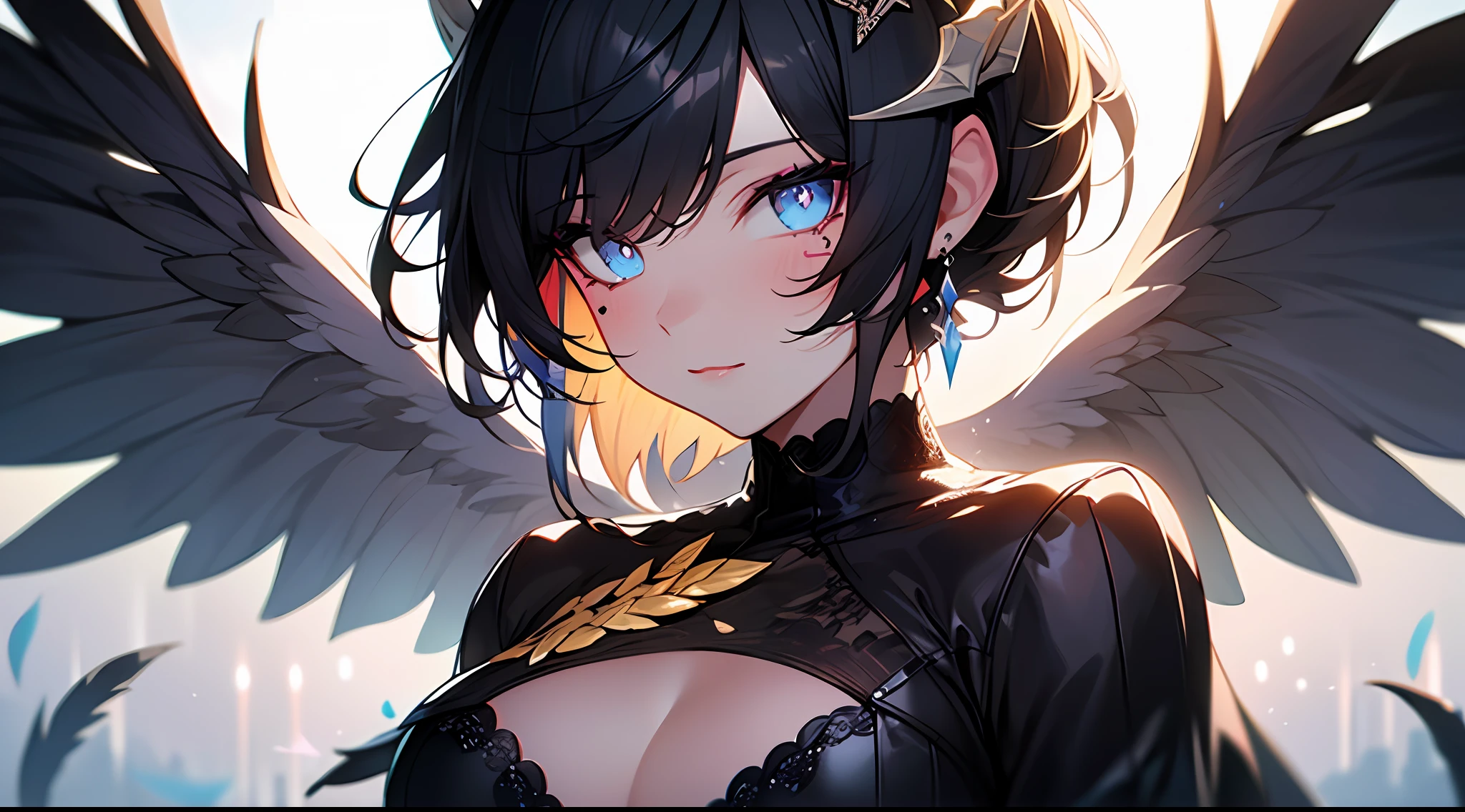 (Masterpiece:1.2), best quality, (illustration:1.2), (ultra-detailed),Eye focus,(Masterfully crafted Glow, pink lens flare), (Cinematic background), hyper details, (delicate detailed), (intricate details),in the air, octane render, hdr, (hyperdetailed:1.15), (soft light:1.2), 1girl, beautiful girl, ultra detailed eyes, mature, plump, thick, rainbow painting drops, paint teardrops, woman made up from paint, entirely paint, splat, splash, outdoors, (bioluminescent hair:1.1),(glowing eyes), ((makeup)),(Cinematic masterpiece), fierce, powerful, splashes of colour absolutely eye-catching, (Cinematic headlight), light coming from above, growing shadows, ((caustic)), dynamic angle, beautiful detailed glow, ambient occlusion, ambient light, raytraced reflections,(best illumination, an extremely delicate and beautiful), ((cinematic light)), (soft:2), (Nephilim:1.2), (halo), demon horns,(1 angel wing),1 demon wing, wings on back, half demon, demon ears, black wings, raven wings, (falling raven feathers), black hair, grey eyes, (red hair glow), (radiant aura),
