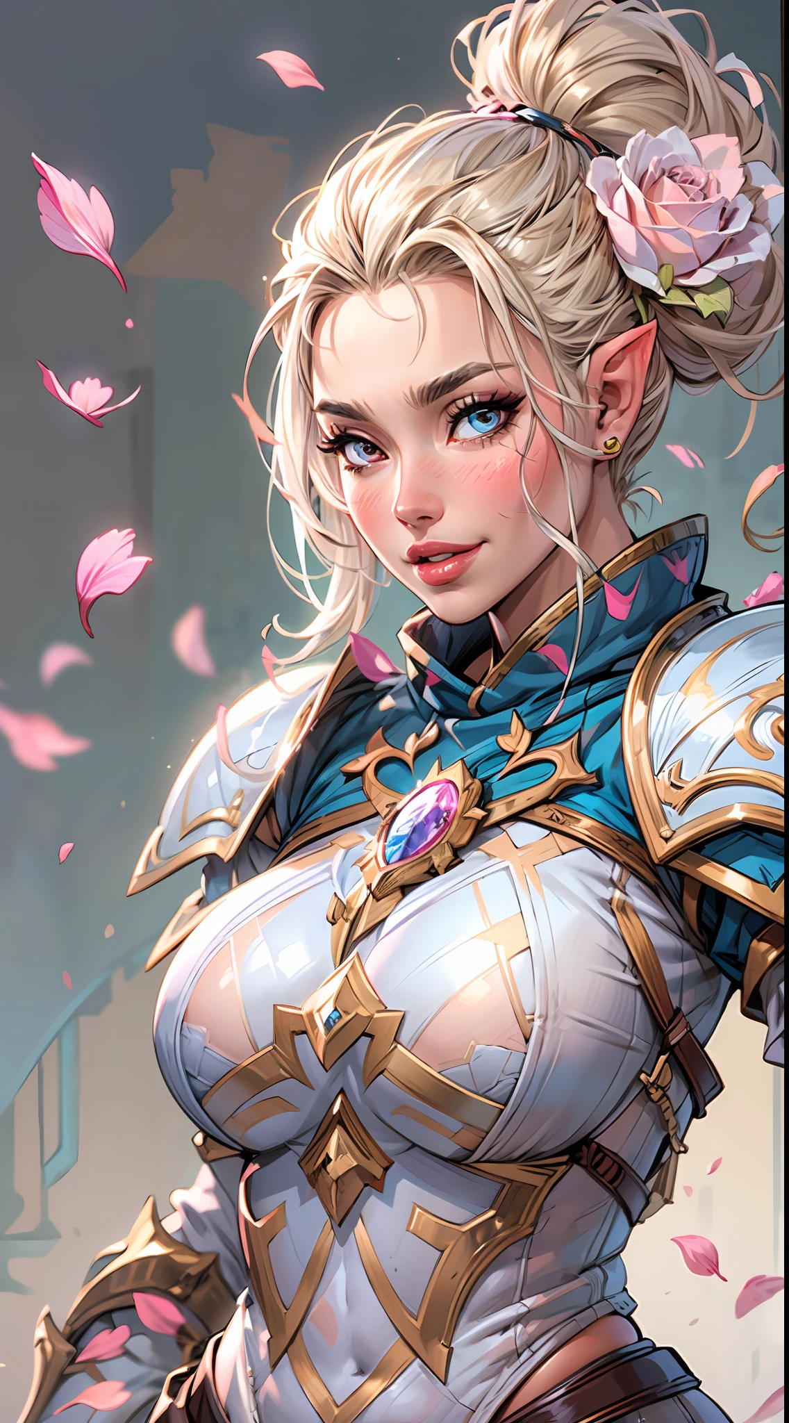 Elven paladin, fantasy, plate gauntlets, plate greaves, butt cape, blonde hair, smiling, two handed sword, action pose, white metal bikini armor, pasties, busty, plate boots, delicate, soft features, beautiful detailed face, shiny skin, elegant, beautiful, messy bun, thick thighs, large ass, huge breasts:1.3, upper body, thick, skindentation, full lips, black eyeliner, mascara, pink blush, elegant makeup, divine warrior, Holy knight, blue and white accent streaks, rose petals