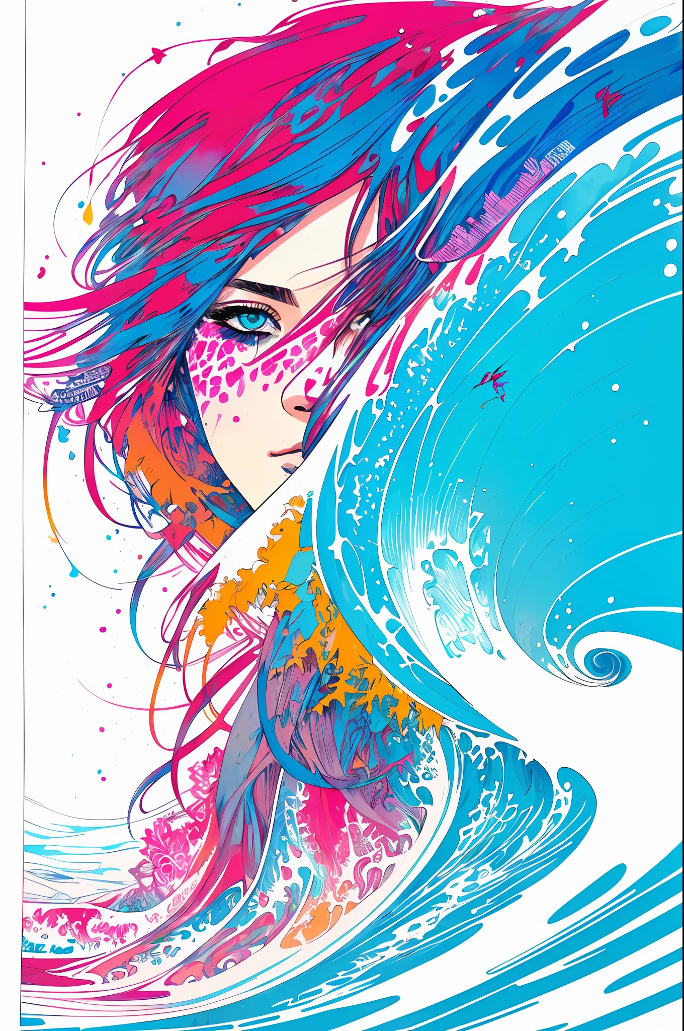 Female surfer riding waves on the beach, centered, key visual, intricate, highly detailed, breathtaking beauty, precise lineart, vibrant, comprehensive cinematic, Carne Griffiths, Conrad Roset, (the most beautiful portrait in the world:1.5)