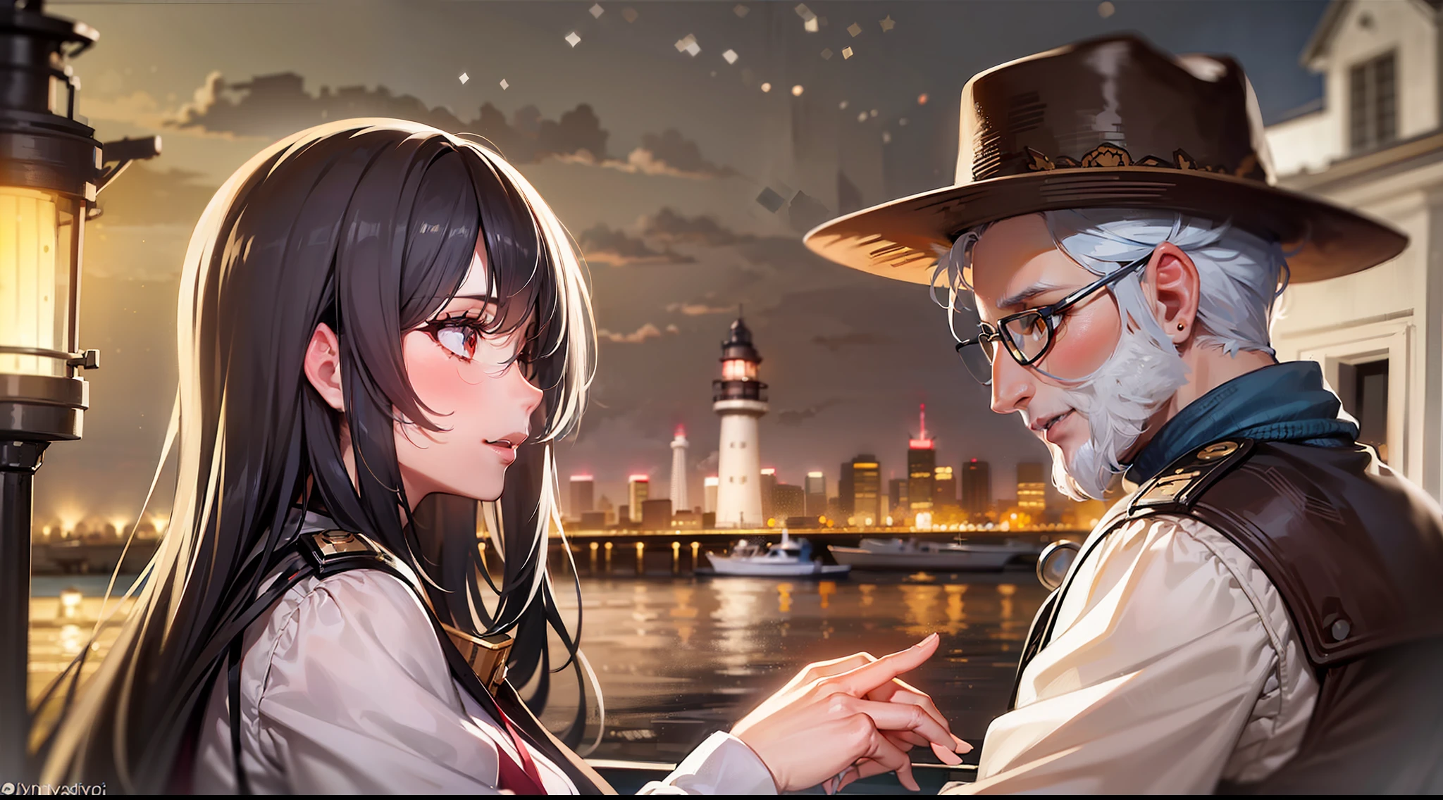 "A girl with ebony hair and a stylish cowboy hat engaged in a serious discussion about map in night time with an aged man ship captain at the bustling seaport in close proximity to a picturesque white lighthouse, totally cinematic shot"