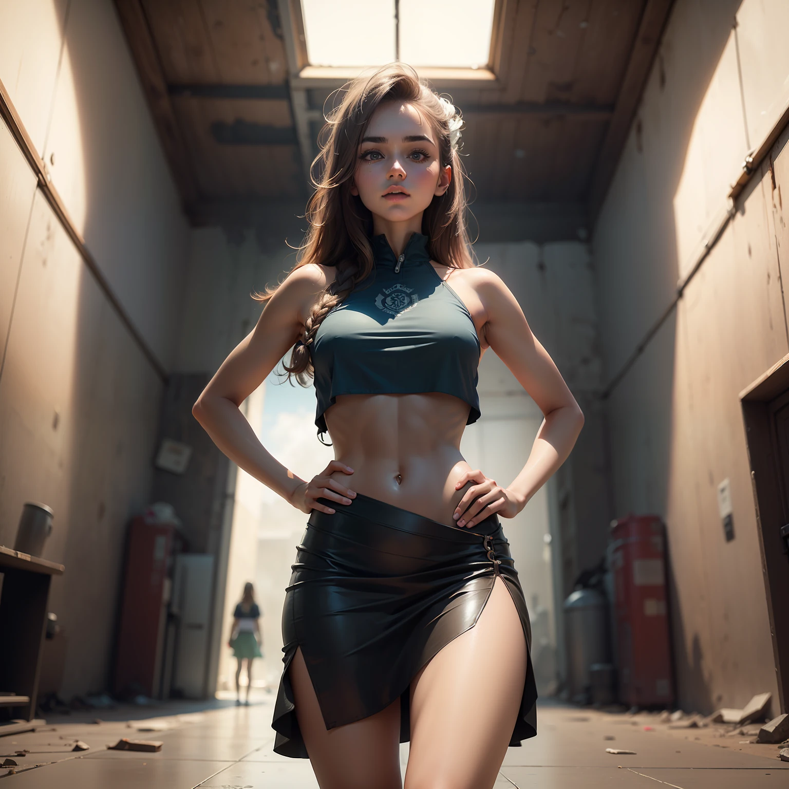 (best quality:1.2), (masterpiece:1.2), (detailed:1.2), 1girl, a girl as a lifeguard, Standing with hands on hips, looking down at the ground, in the sun on a white lifeguard tower, Swim board, skinny, abs, ribs, flat chested, small breasts (perfect anatomy), (detailed eyebrows, beautiful eyes, realistic skin, detailed face:1.3), A-line skirt,Rose gold hair, Straight hair,(intricately detailed post apocalyptic ruins ((intricately detailed rusty decayed overgrown building)), ultra realistic, concept art, elegant, highly detailed, intricate, sharp focus, depth of field, f/1.8, 85mm, medium shot, mid shot, (centered image composition), (professionally color graded), ((bright soft diffused light)), volumetric fog, trending on instagram, trending on tumblr, hdr 4k, 8k