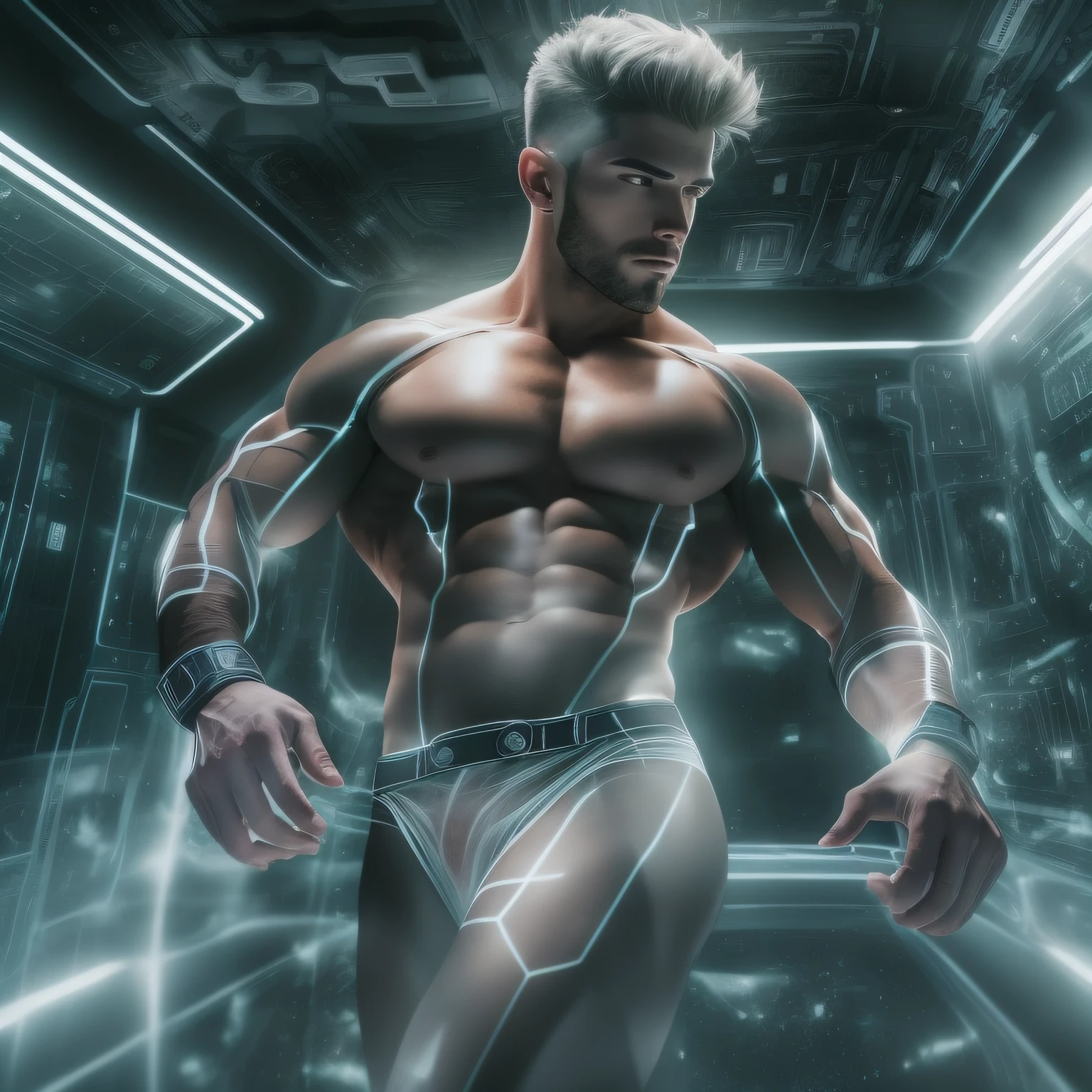 a realistic handsome naked muscular athletic man wearing a revealing transparent black and white uniform and jockstrap, as a future astronaut in a spaceship, dynamic pose, full body image, action pose, seen from a low angle