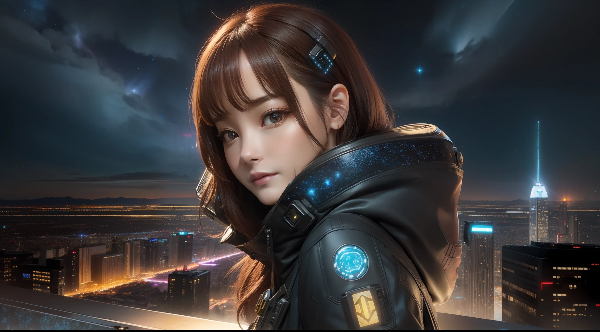 Cute beautiful woman like，exteriors，Bright sci-fi starry sky，Shine in the cyberpunk city，Vast and wide-angled。