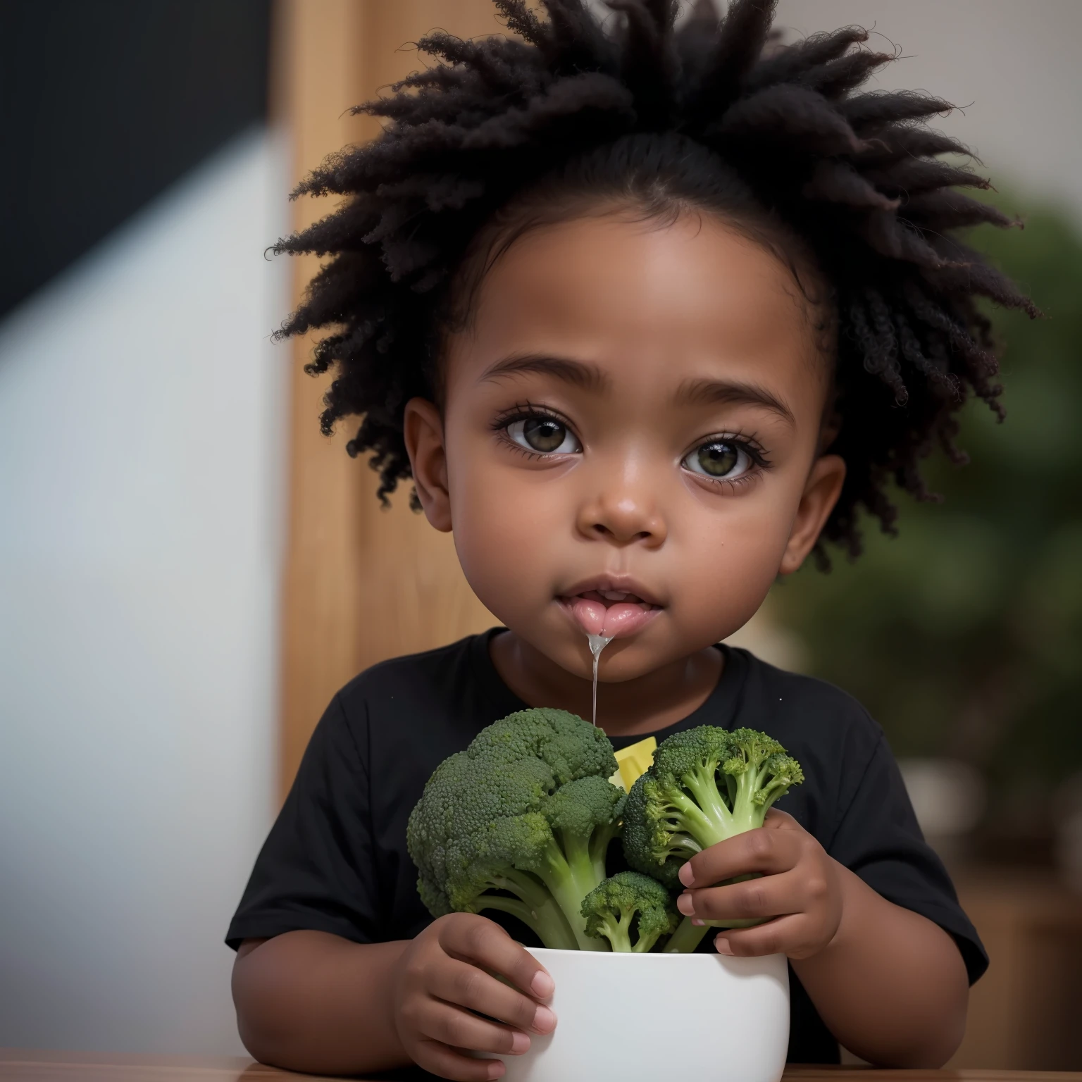 Black  eating broccoli, melhor qualidade, alta qualidade, papel de parede 8k de unidade CG extremamente detalhado, fotografia premiada, Bokeh, Depth of Field, HDR, bloom, chromatic aberration, fotorrealista, extremamente detalhado, intrincado, alto detalhe, volumeric lighting