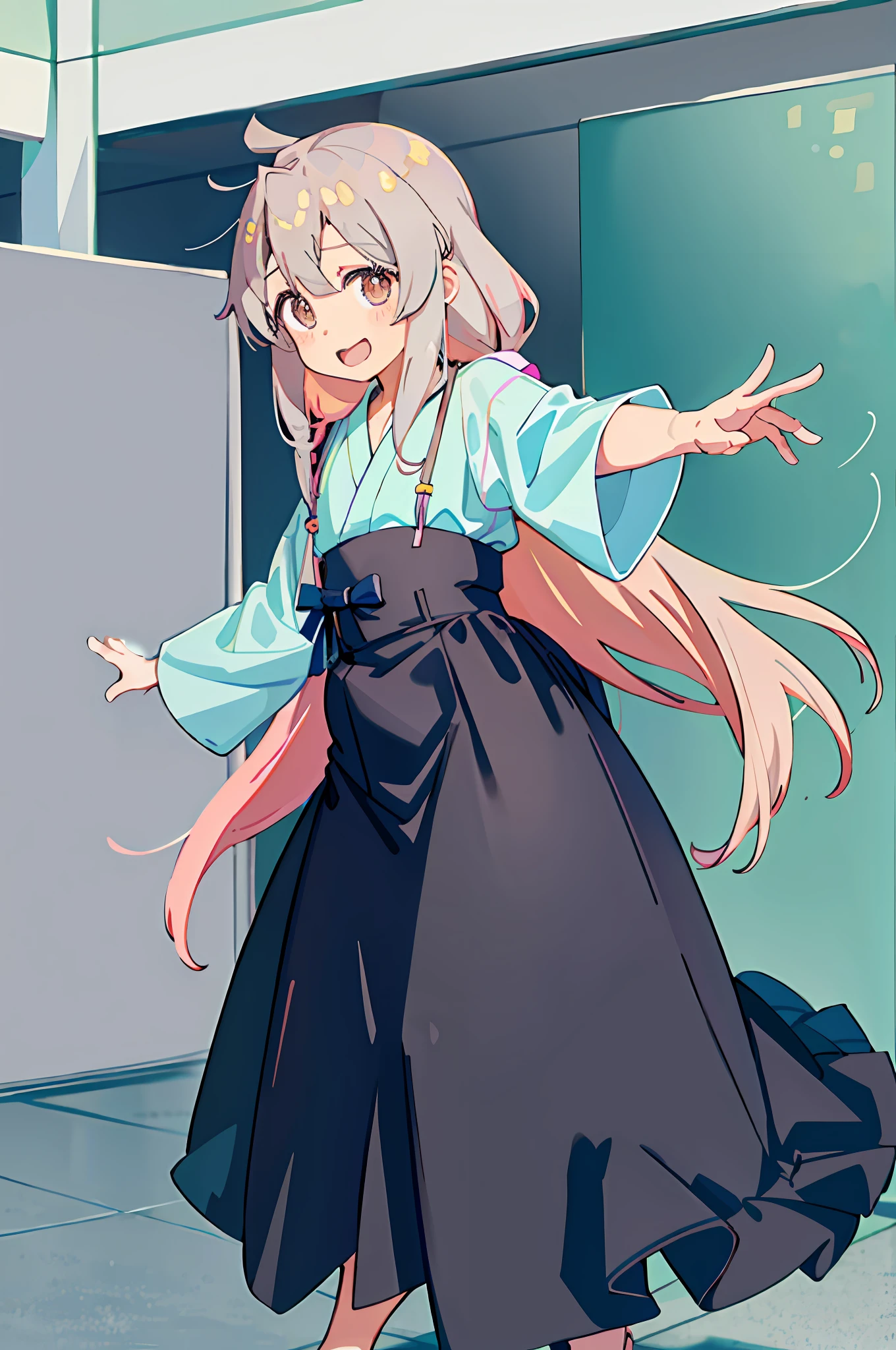 1girll、Cowboy shot、are standing、By bangs、looking at viewert、ahoge、long whitr hair、Be red in the face、(long skirt:1.1)、Brown Uwabaki、ssmile、Solo、Cute anime girl, up of young anime girl, Anime art wallpaper 8 K, attractive anime girls, Beautiful anime girl,anime visual of a cute girl, Anime moe art style, Soft anime illustration, cute anime girl portraits, Cute anime girl portrait, cute kawaii girls,Yukata style clothing,bathrobe,Oyama Makoto,smallunderboob,(perfect hand,perfect anatomia), (Dynamic angles and poses:1.3),bathrobe,having fun,Dancing,lovely hand,Normal hands