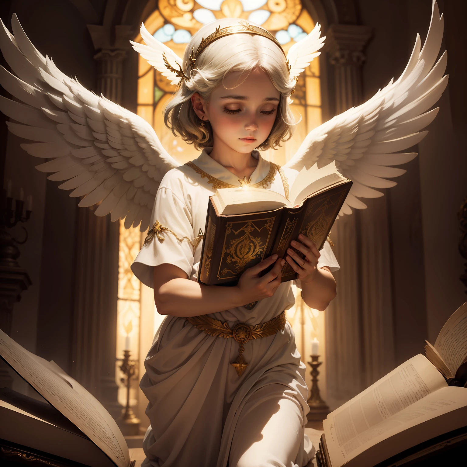 ANGEL WITH A BIBLE IN HIS ILLUMINATED HAND, REALISMO TOTAL
