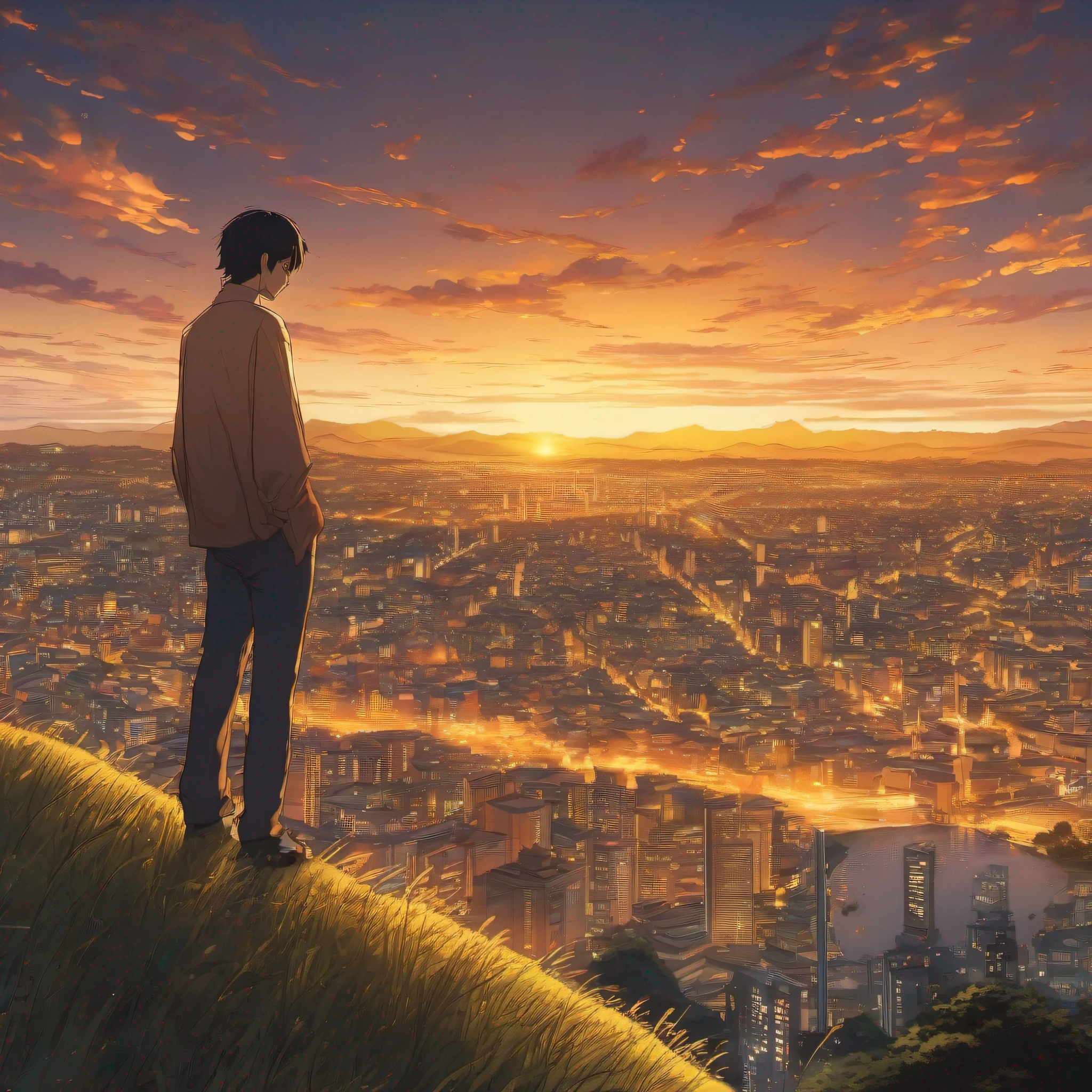 um homem, de costas, olhando uma paisagem linda, por-do-Sol, cidade japonesa, yellowish lighting, Radiant sky, anime