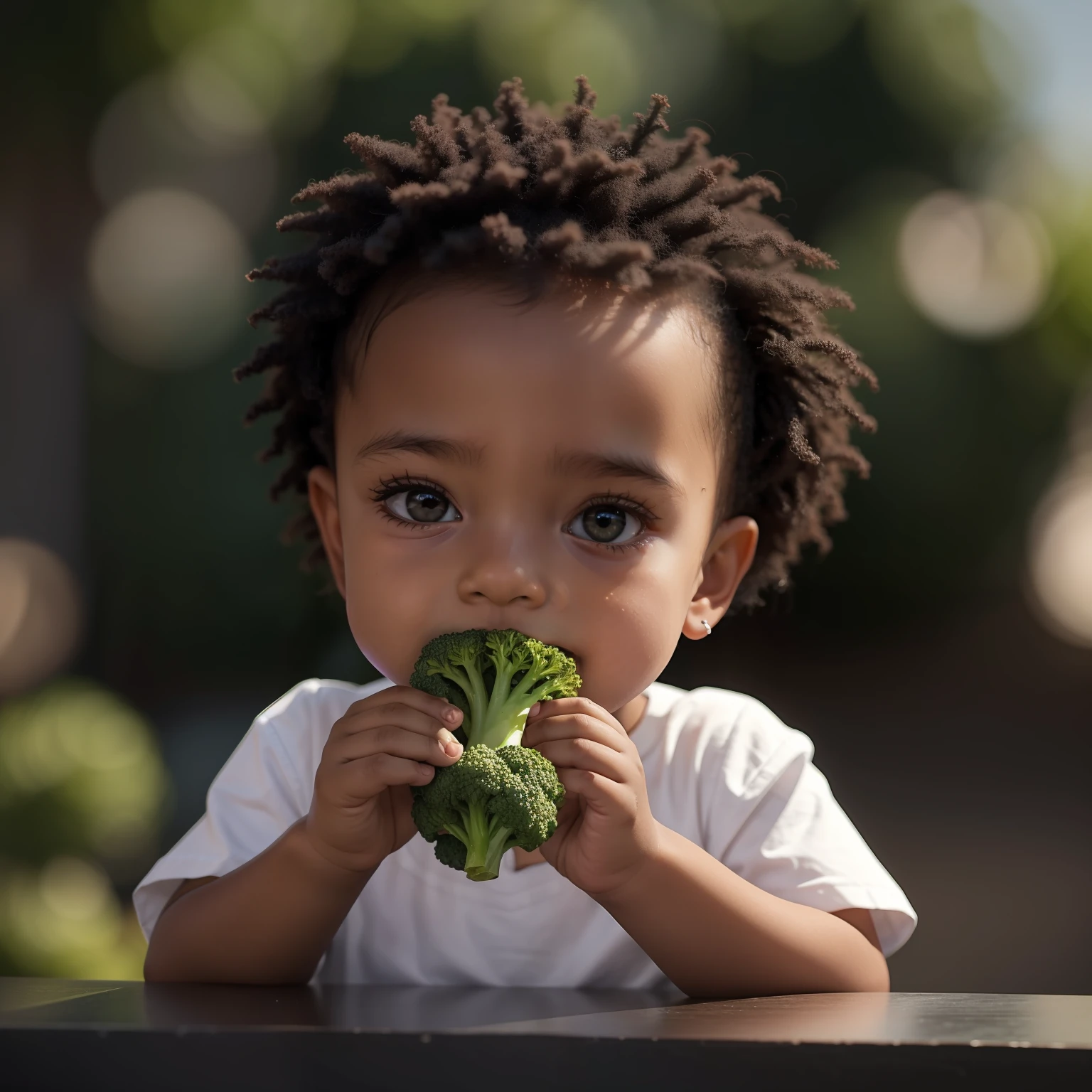 Black baby eating broccoli, melhor qualidade, alta qualidade, papel de parede 8k de unidade CG extremamente detalhado, fotografia premiada, Bokeh, Depth of Field, HDR, bloom, chromatic aberration, fotorrealista, extremamente detalhado, intrincado, alto detalhe, volumeric lighting