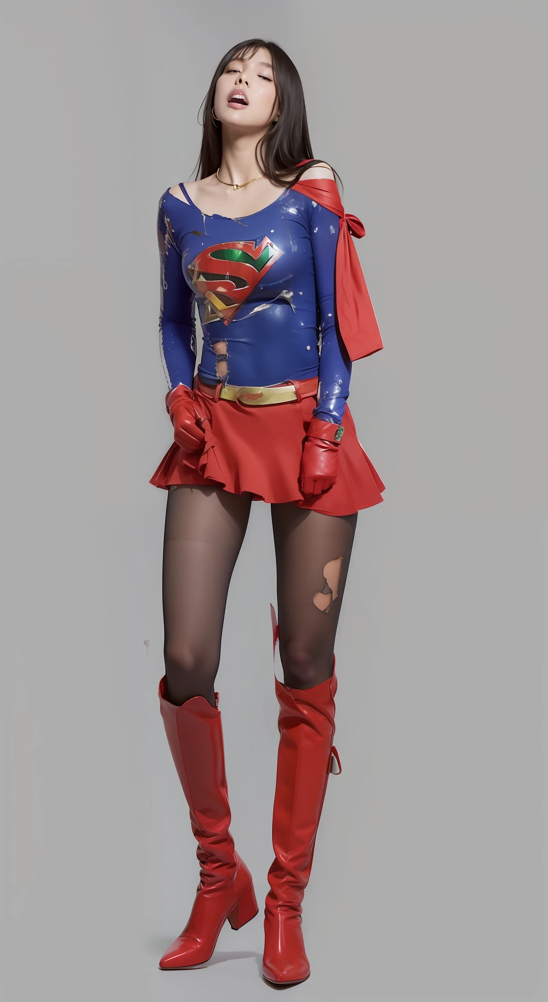 Red belt、Simple belt、Costume torn to the brim、battered、super girl、Covered with green liquid