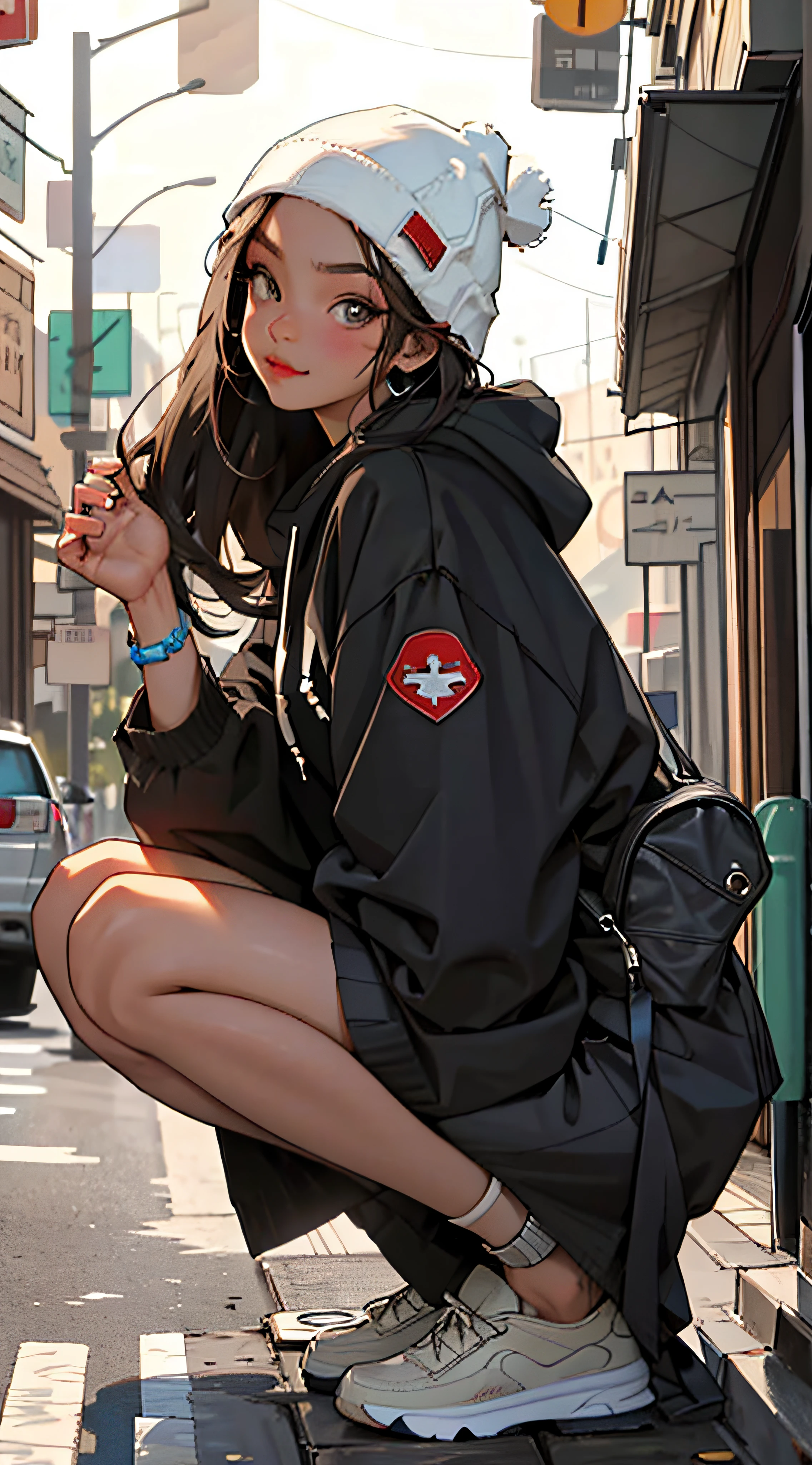 (best quality, masterpiece), 1girl, hoodie, long hair, street, crouching, looking at viewer, beanie, skirt, makeup, piercing, pantyhose,