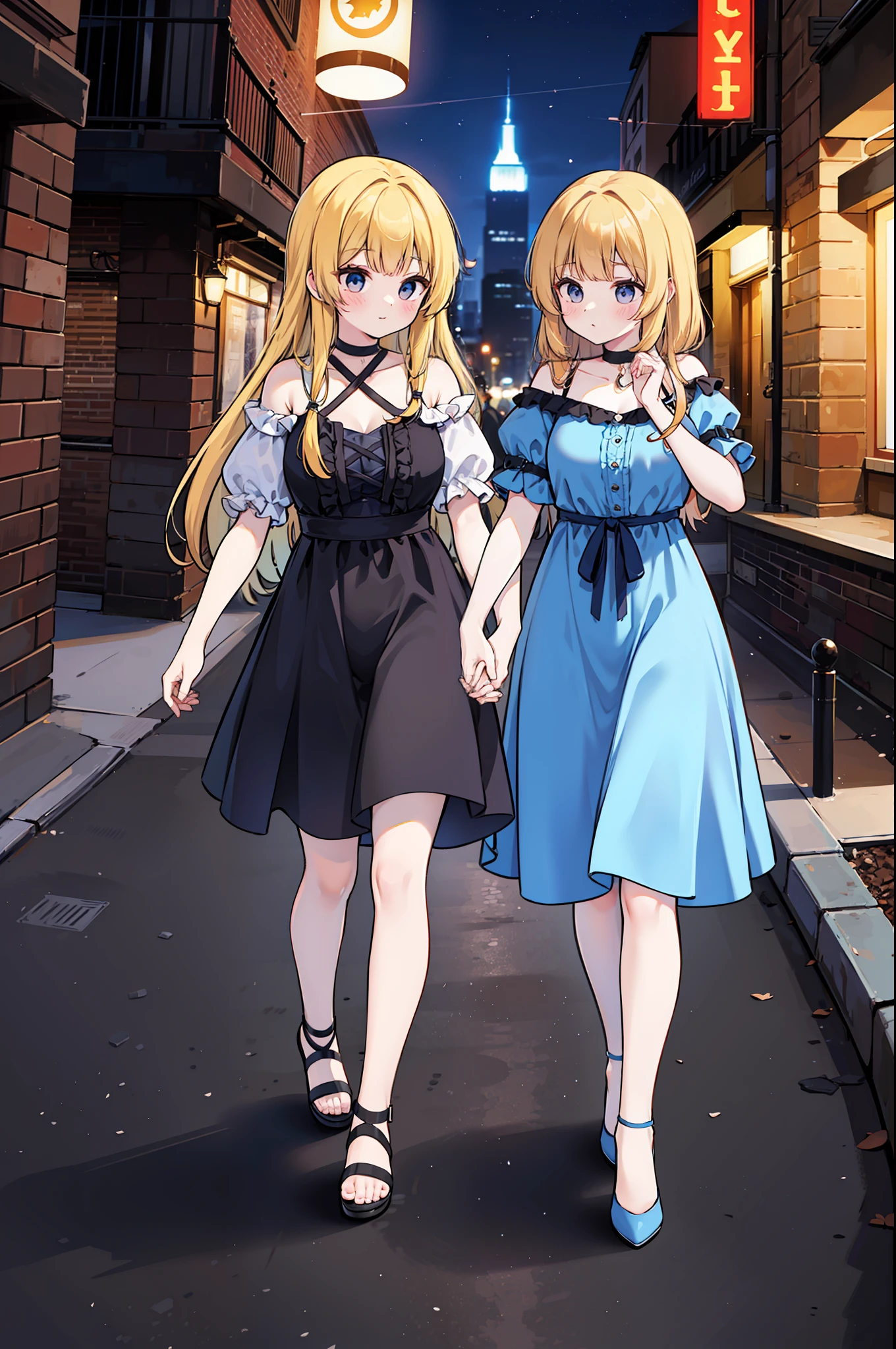 Una imagen espectacular. A medium shot of a beautiful young woman of about 23 years and her sister of 27 years even more impressive, are of Germanic origin. The two are together holding hands strolling down a New York street on a Saturday night on their way to party areas................... Realismo extremo, detalles locos, intricate composition, cinematic quality, perfect photography, Colores sublimes.