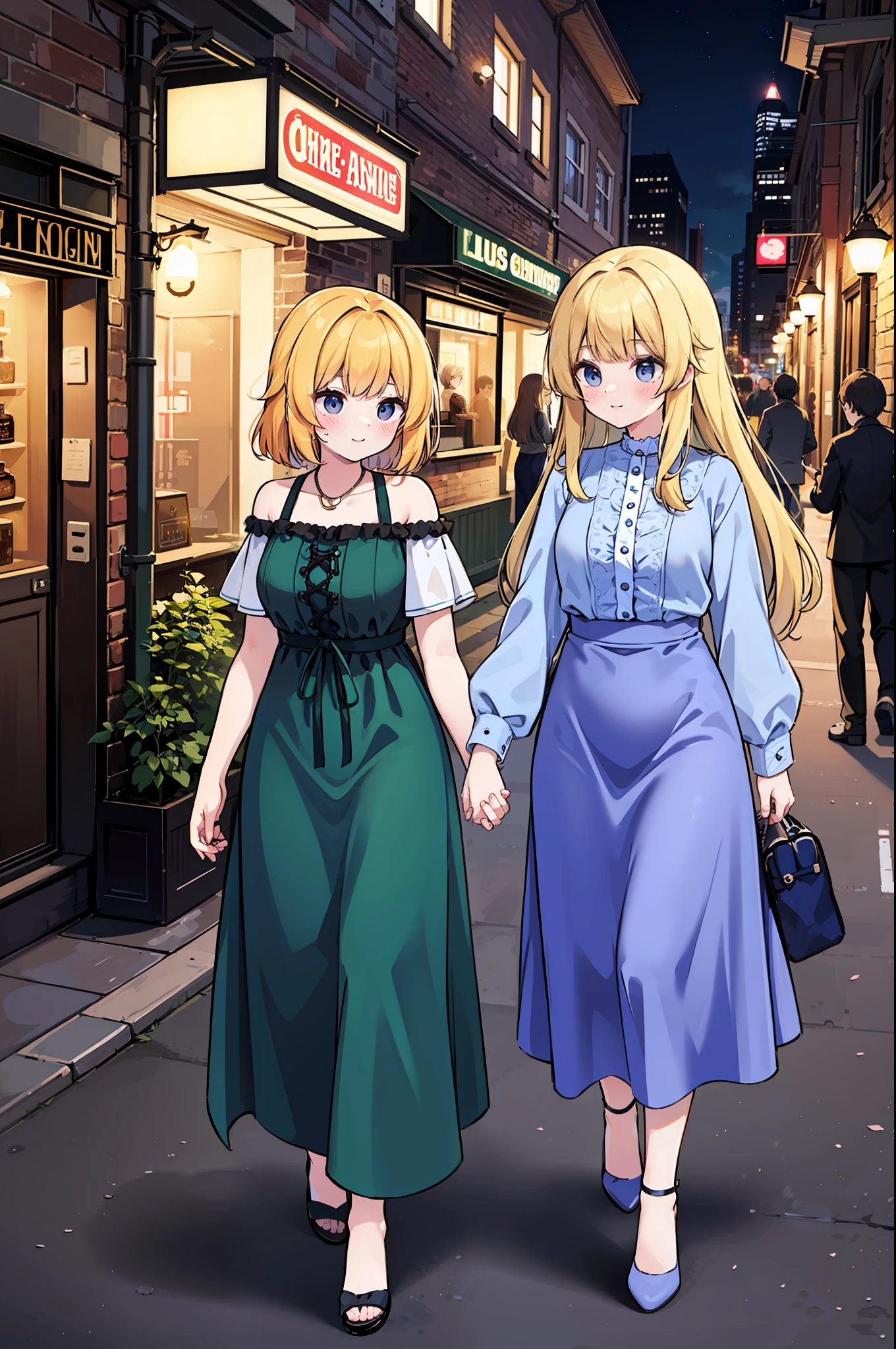 Una imagen espectacular. A medium shot of a beautiful young woman of about 23 years and her sister of 27 years even more impressive, are of Germanic origin. The two are together holding hands strolling down a New York street on a Saturday night on their way to party areas................... Realismo extremo, detalles locos, intricate composition, cinematic quality, perfect photography, Colores sublimes.