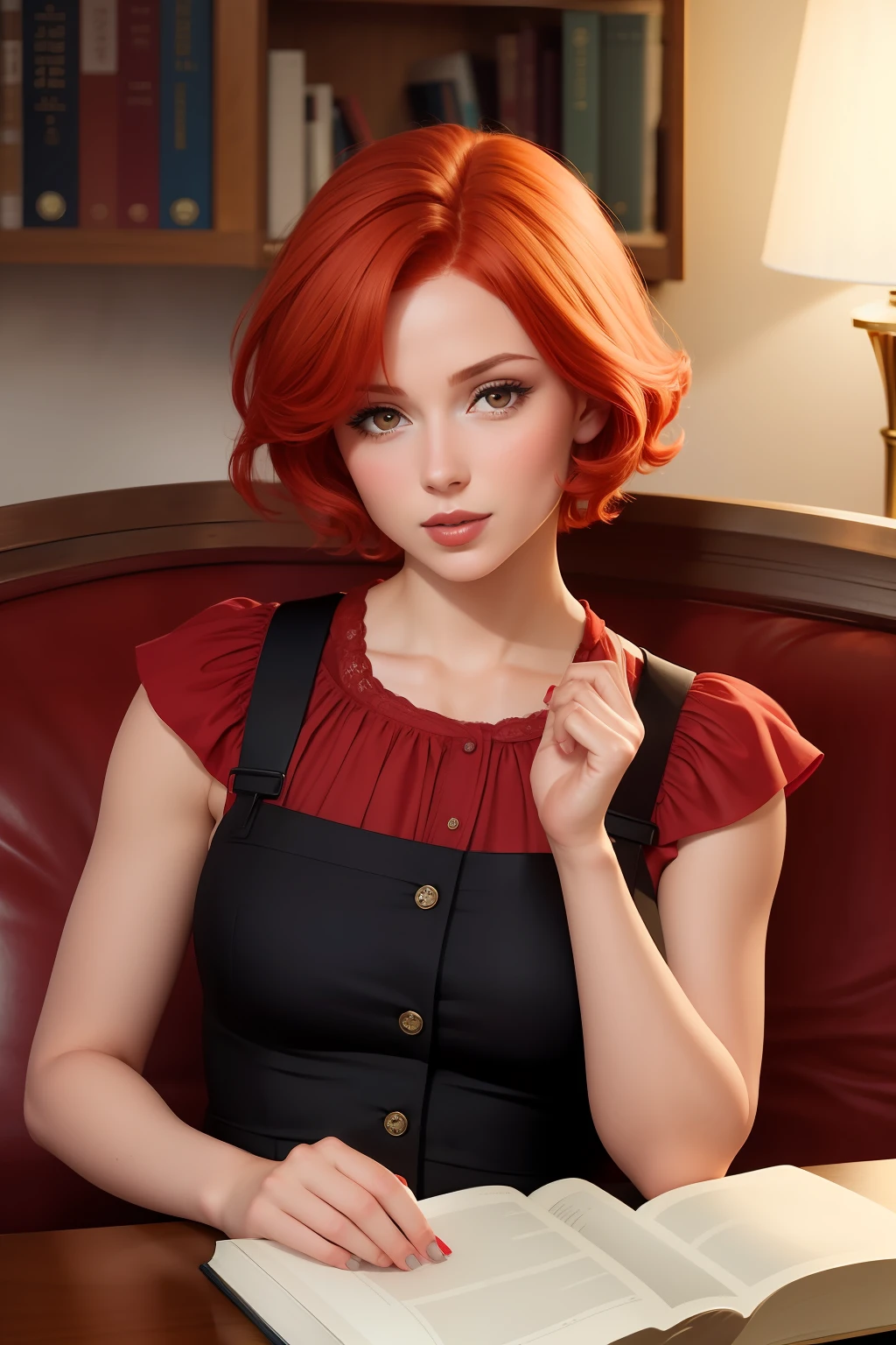 beautiful Mariia with clasical red bobcut reading a book, alluring pose