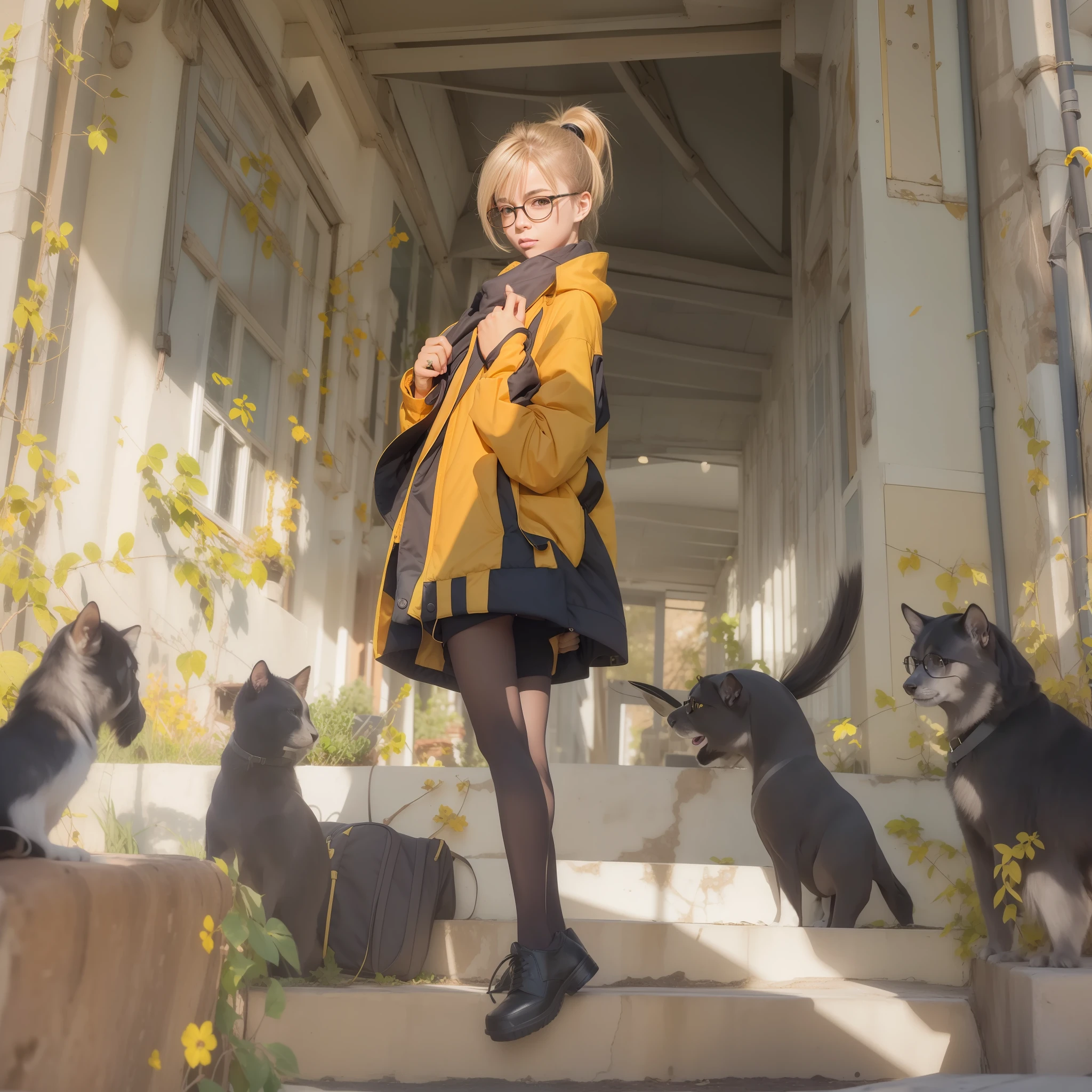 Gold-rimmed glasses，wind coat，Yellow ponytail hair，Light black stockings