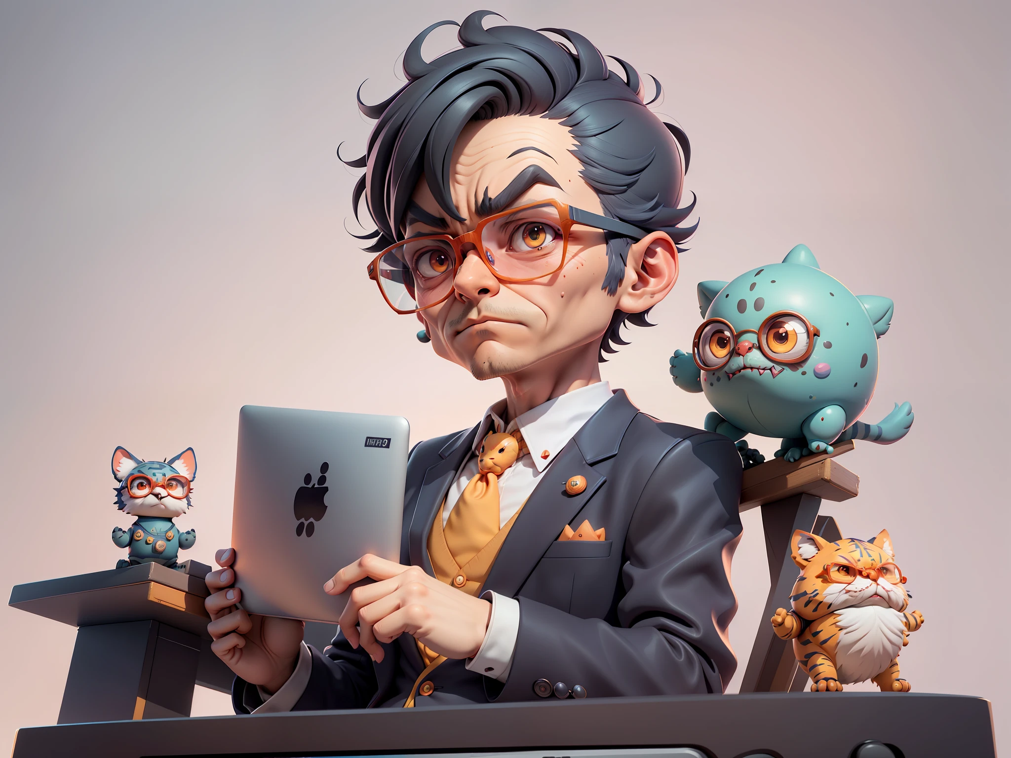 A young man in a suit, Short hair and glasses sat at his desk，holding laptop，digitial painting，tigre，3D character design by Mark Clairen and Pixar and Hayao Miyazaki and Akira Toriyama，4K HD illustration，Very detailed facial features and cartoon-style visuals。