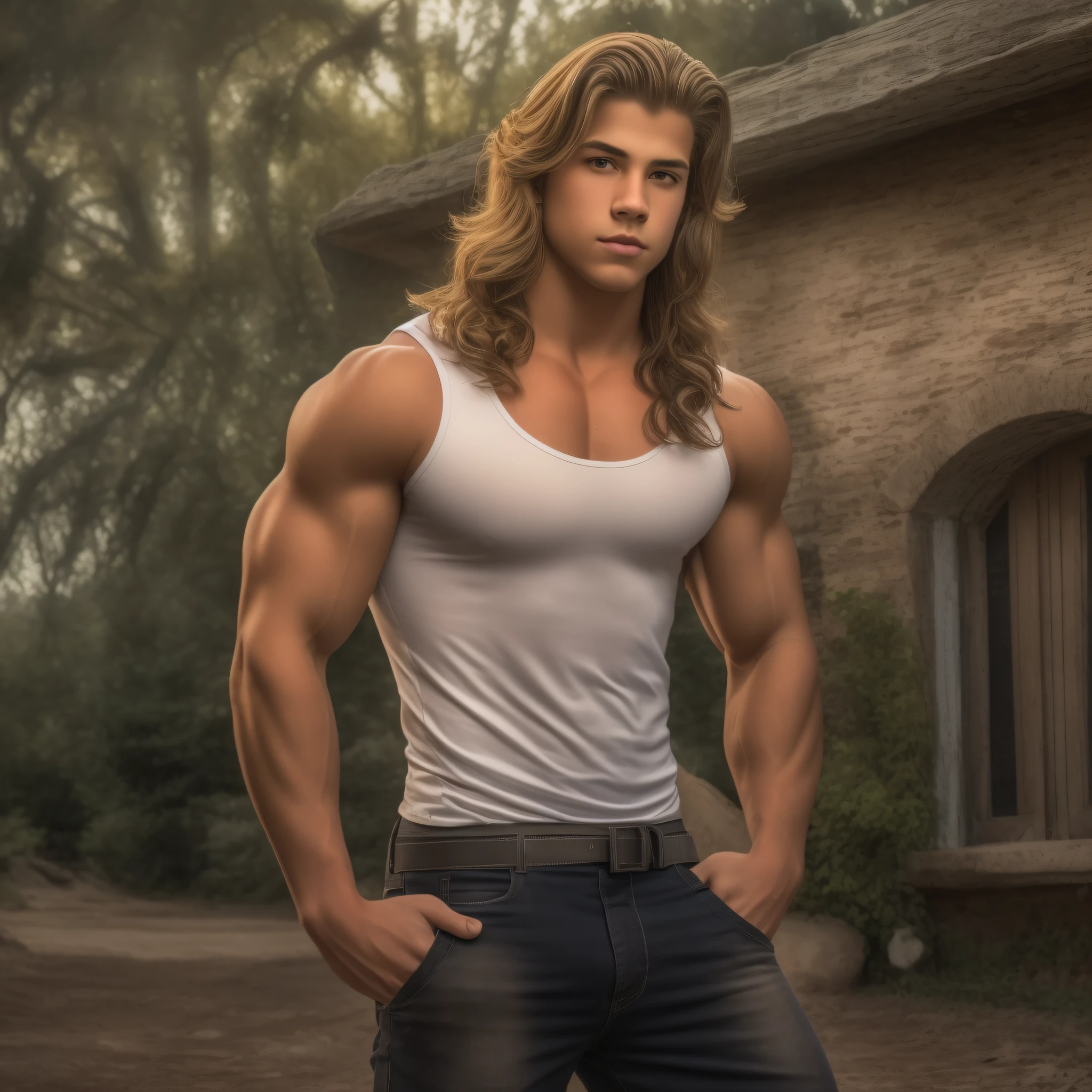 An 18-year-old boy muscled hero, embodying the perfect fusion of Joey Lawrence and Cody Calafiore with long hair, exuding an aura of strength and confidence. Enhanced with HDR technology, this image depicts a true masterpiece, 4K resolution, outdoor lighting, majestic pose, perfect muscle structure, in the style of Modern Bride Magazine, pec cleavage