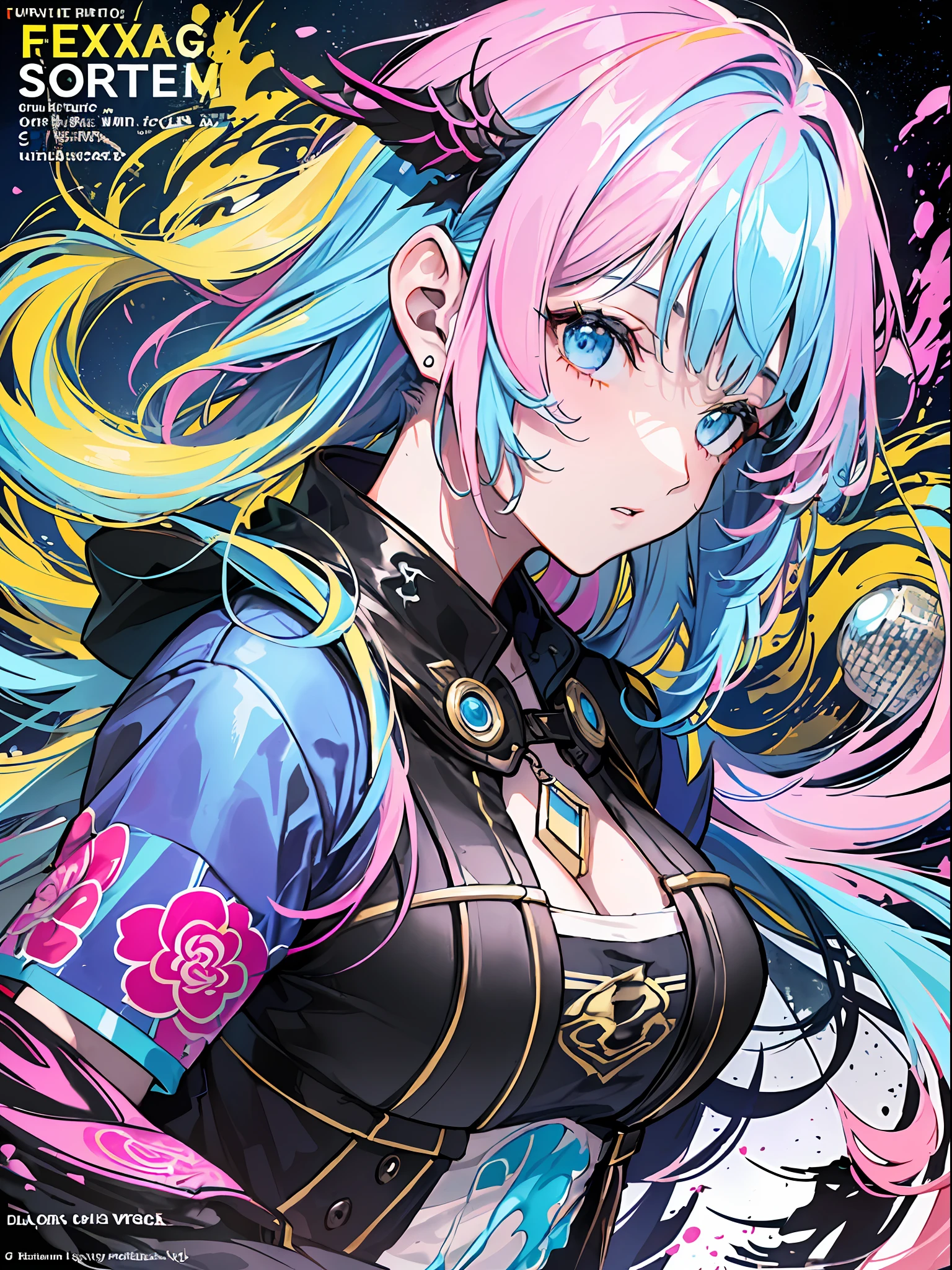 (​masterpiece、top-quality、top-quality、watercolor paiting(Curly)、 (magazine:1.3), (cover-style:1.3), ((((Dramatic)))、(((gritty)))、(((vehement)))、Official art、Beautifully Aesthetic:1.2)、(1girl in:1.3)、(Fractal Art:1.3)、The upper part of the body、From Side、looking at the viewers、patterns、(rainbow-colored hair、colourful hair、Half blue and half pink hair:1.2)、Eau、liquids、​​clouds、colourfull、starrysky、stele、Tastes like a movie poster with a young woman as the protagonist。She wears stylish and edgy clothes、I have a determined look on my face。Bright and grainy background、Makes you feel danger and strength。Text is bold and attention-grabbing、Has a catchy tagline that adds to the overall sense of drama and excitement。The color palette is predominantly bright、There are splashes of bright colors、It gives the poster a dynamic and visually striking look。Fashionable, with a vibrant, outfits, the pose, the front, Colorful, Dynamic, Background with, element,  accessorized, An majestic, coiled, surroundings, Touch, The scene, Texto, covers, It's bold, captures the attention, Titles, Stylish, Font, Catchy, headline, The large, Impressive, moderno, Trendy, Focus, lo fashion,
