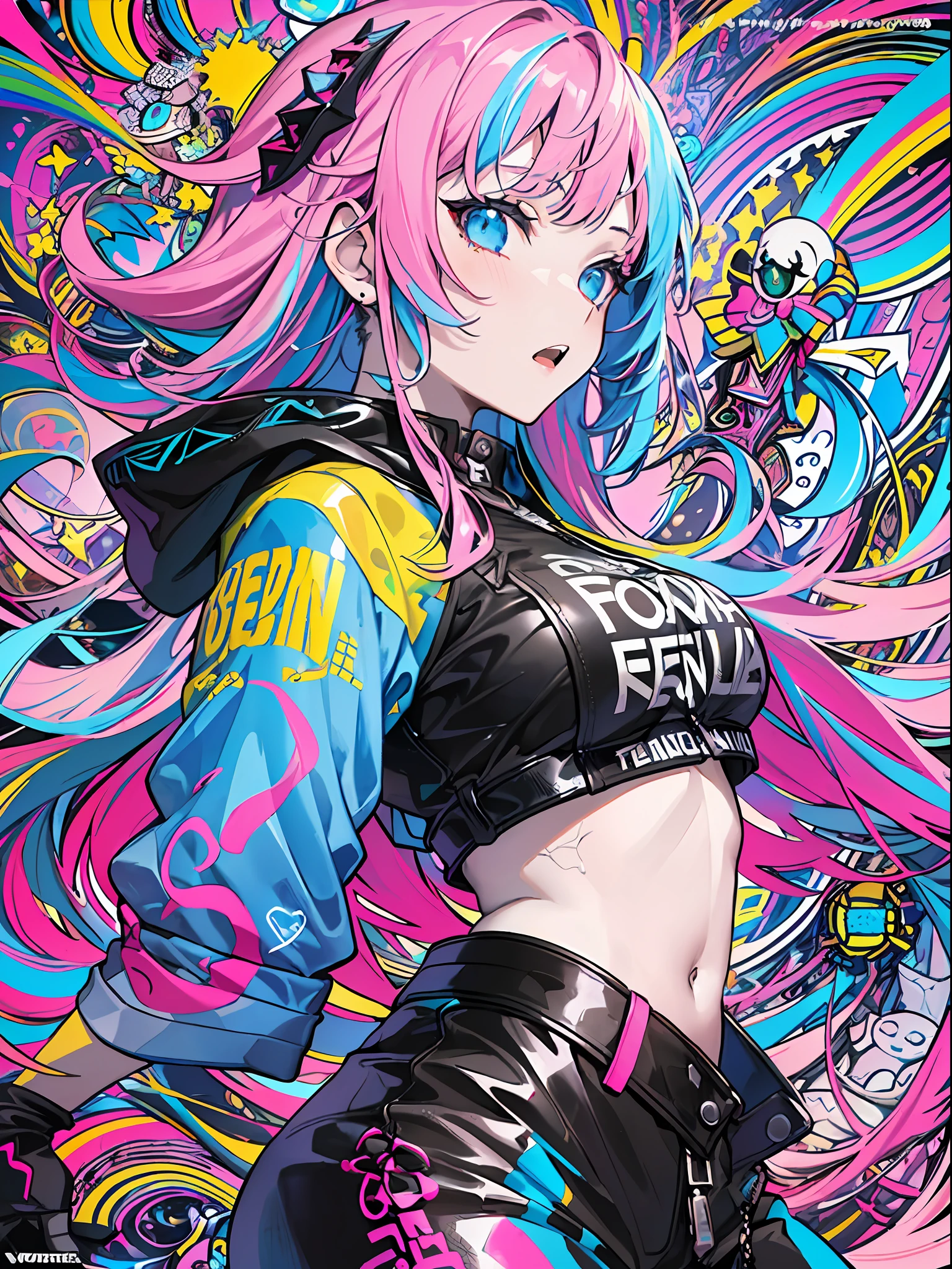 (masterpiece、top-quality、top-quality、watercolor paiting(Curly)、 (magazine:1.3), (cover-style:1.3), ((((Dramatic)))、(((gritty)))、(((vehement)))、Official art、Beautifully Aesthetic:1.2)、(1girl in:1.3)、(Fractal Art:1.3)、The upper part of the body、From Side、looking at the viewers、patterns、(rainbow-colored hair、colourful hair、Half blue and half pink hair:1.2)、Eau、liquids、clouds、colourfull、starrysky、stele、Tastes like a movie poster with a young woman as the protagonist。She wears stylish and edgy clothes、I have a determined look on my face。Bright and grainy background、Makes you feel danger and strength。Text is bold and attention-grabbing、Has a catchy tagline that adds to the overall sense of drama and excitement。The color palette is predominantly bright、There are splashes of bright colors、It gives the poster a dynamic and visually striking look。Fashionable, with a vibrant, outfits, the pose, the front, Colorful, Dynamic, Background with, element, accessorized, An majestic, coiled, surroundings, Touch, The scene, Texto, covers, It's bold, captures the attention, Titles, Stylish, Font, Catchy, headline, The large, Impressive, moderno, Trendy, Focus, lo fashion,