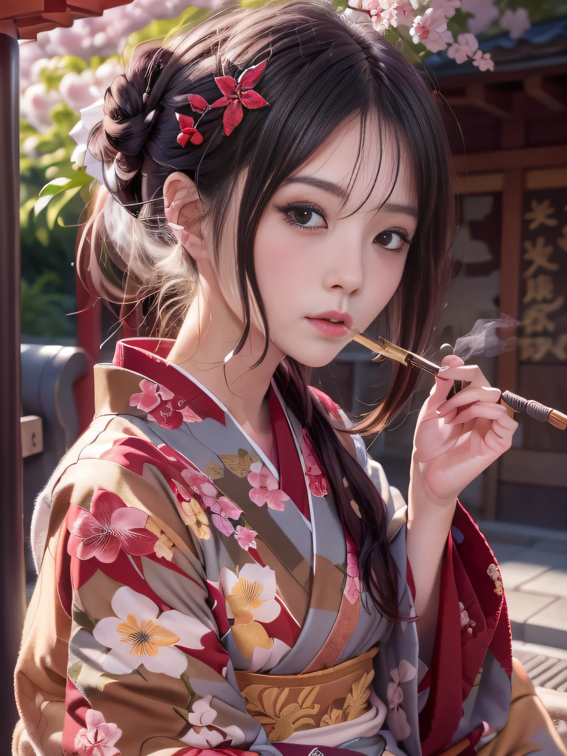 Alafi in kimono sitting on a bench at a bus stop,Snapshots, Holding a smoke pipe in your right hand,Red amaryllis hairpin dense on the head,traditional japanese, in a kimono, Red kimono, japanese kimono, Red kimono with cherry blossom pattern, Wearing kimono, A Japanese style, A Japanese Lady, Wearing a kimono, classy yukata clothing, bath robe,Street,Under the streetlight,Streetlight, Black Long Hair, in a kimono, Komono, Japanese Models, wearing royal kimono, ,Thin leg,skinny thigh,goddess of Japan,Small breasts glasses,