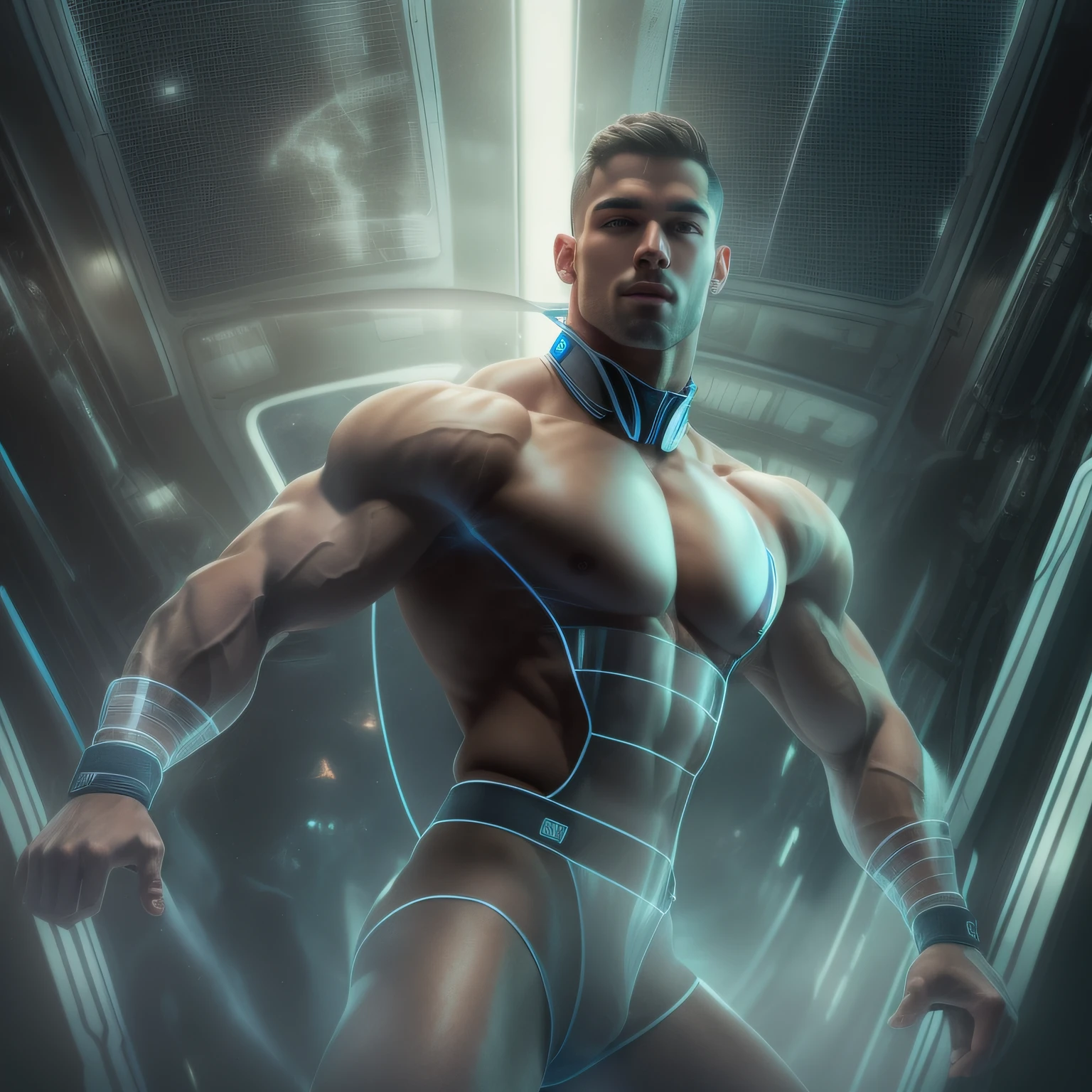 a realistic handsome naked muscular athletic man wearing a revealing transparent black and white uniform and jockstrap, as a future astronaut in a spaceship, dynamic pose, full body image, dynamic pose, seen from a low angle