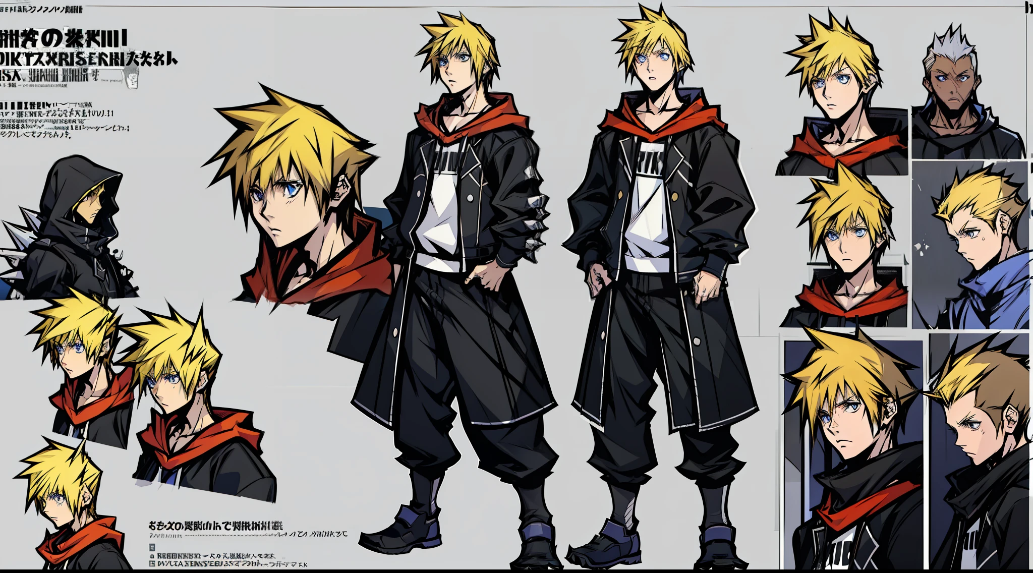 ((Masterpiece, highest quality)), detailed face, character sheet, Full body, 1boy, blue eyes, blonde hair, brown hair, short hair, messy hair, ((spiky hair)), hoodie, hair between eyes, school uniform, grey theme, full of details, multiple poses and expressions, highly detailed, depth, many parts