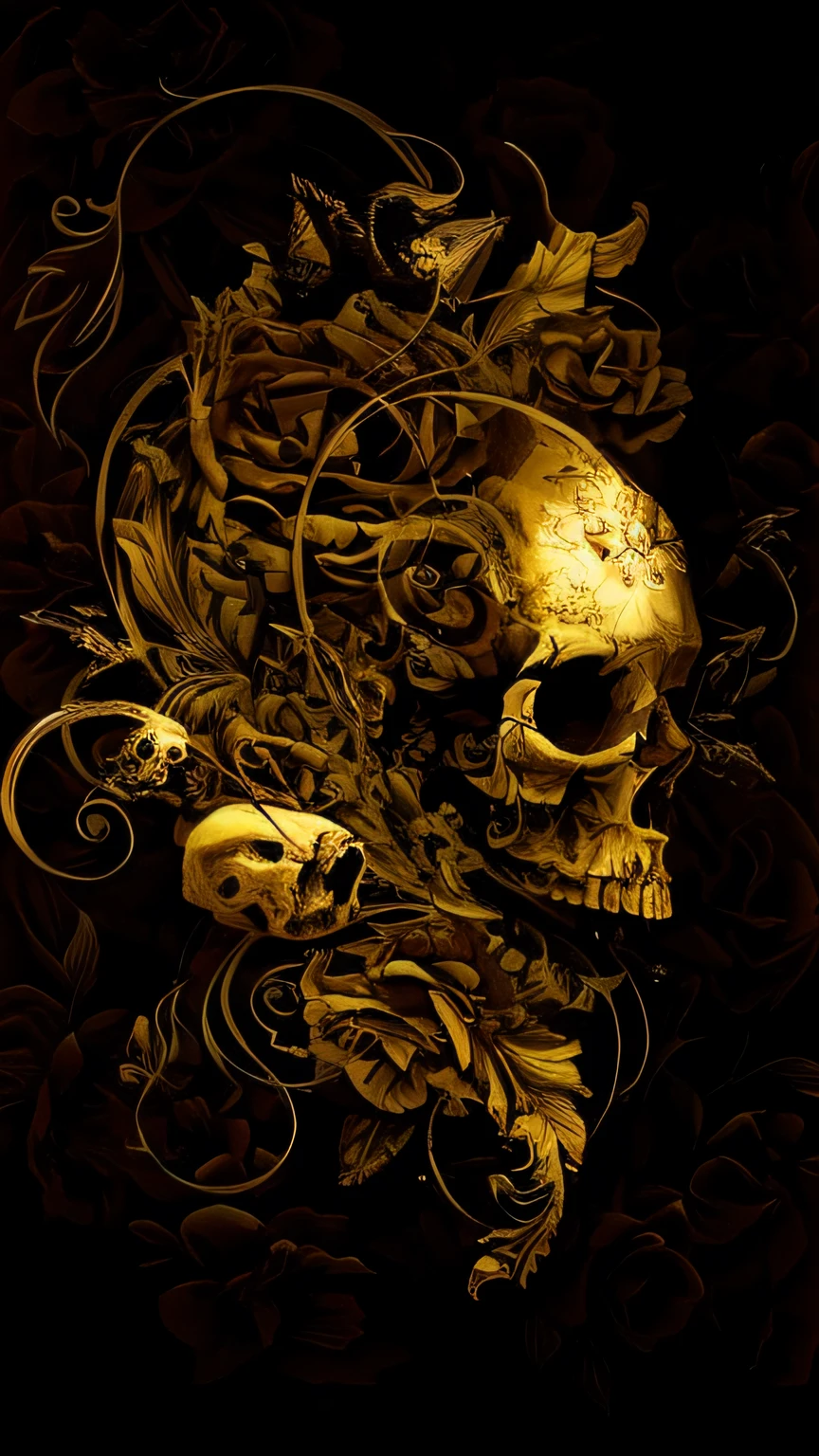 a closeup of a skull and a flower on a black background, fantasy skull, Arte digital escura, mas detalhada, ((skull)), arte escura altamente detalhada, sacred skull, morphing skulls, gothic art style, beautiful artwork, gothic art, death skull, escuro e intrincado, lindo arte digital, papel de parede do iphone, skull like, arte digital altamente detalhada, sacred skulls