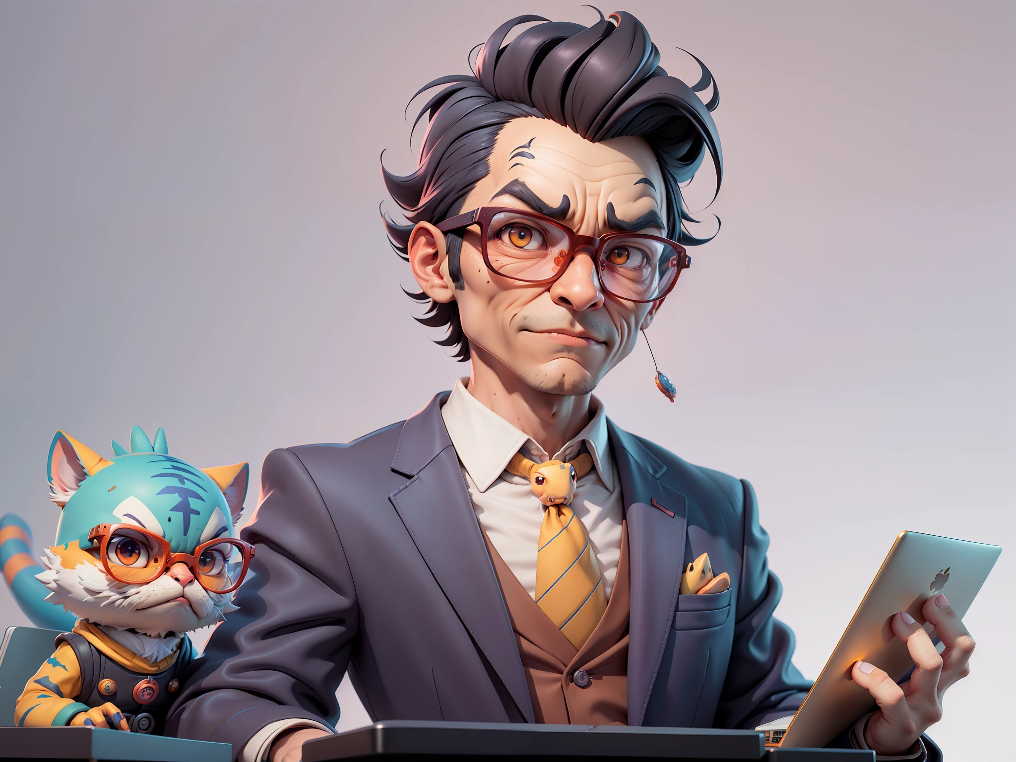 A young man in a suit, Short hair and glasses sat at his desk，holding laptop，digitial painting，tigre，3D character design by Mark Clairen and Pixar and Hayao Miyazaki and Akira Toriyama，4K HD illustration，Very detailed facial features and cartoon-style visuals。