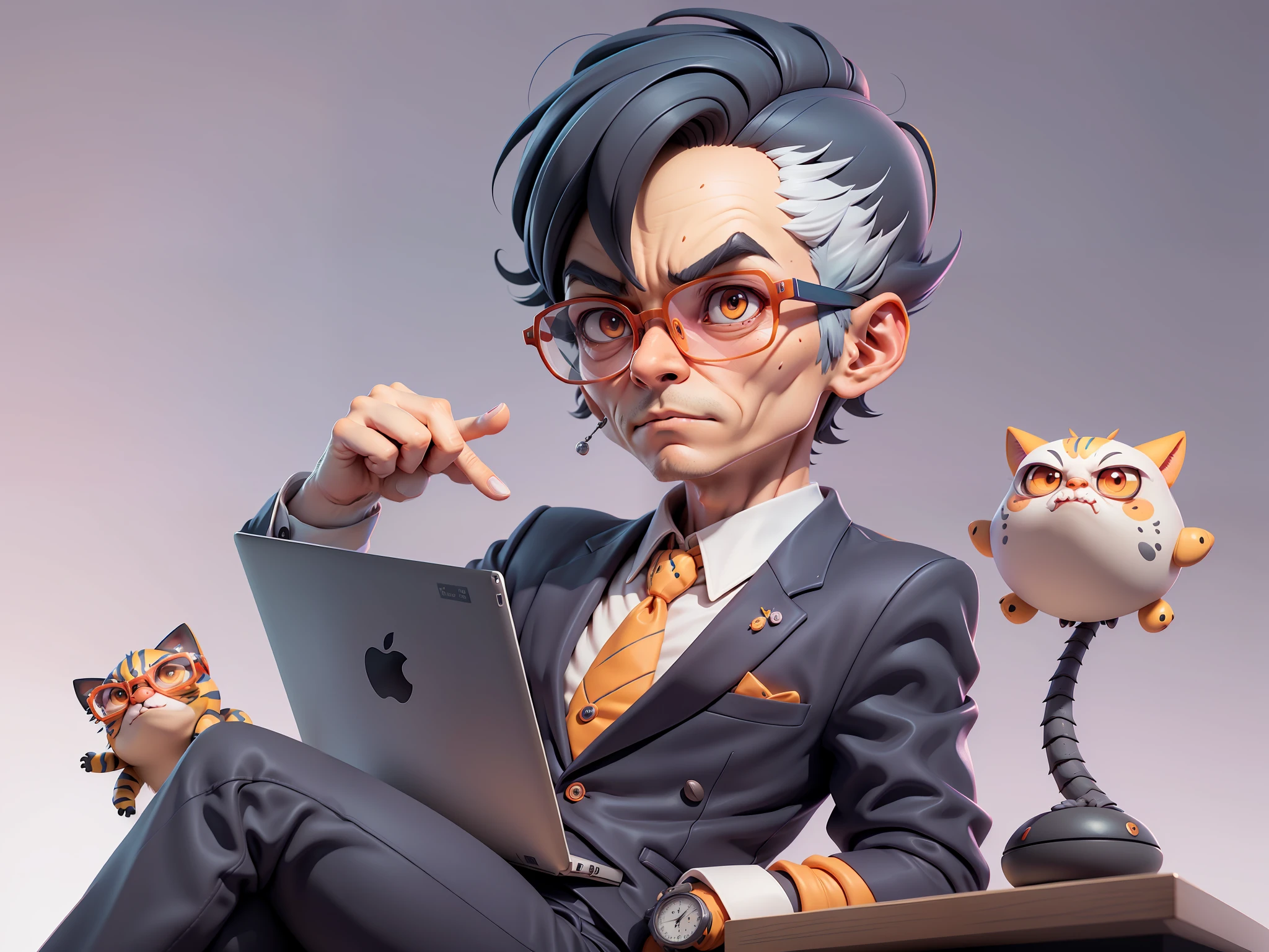 A young man in a suit, Short hair and glasses sat at his desk,holding laptop,digitial painting,tigre,3D character design by Mark Clairen and Pixar and Hayao Miyazaki and Akira Toriyama,4K HD illustration,Very detailed facial features and cartoon-style visuals。