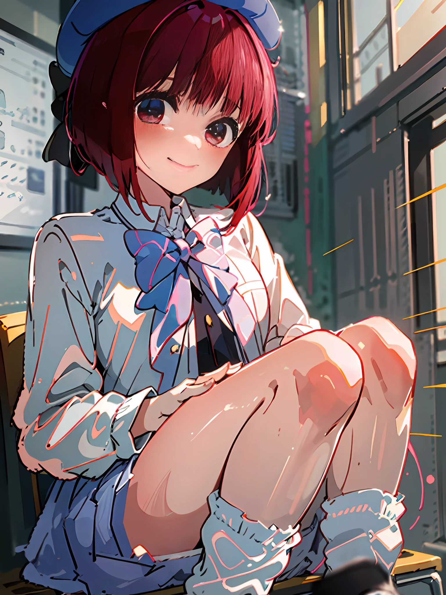 Masterpiece to detail, top quality, 1 petite girl, bangs, genius child actor, red hair, close-up, closed_mouth, baby face, smile, blush, shy, blue hat, hat, bow, pink bow tie, school uniform, blue jacket, jacket, skirt, gray skirt, 1 small 15 year old girl, solo, shirt, white shirt, legs, black socks, sitting, classroom, hair_ ornament, looking_at_viewer, beautiful detailed eyes, red eye, panty, skirt lifting, secret lesson, professional effect, delicate color, secret lesson, healthy