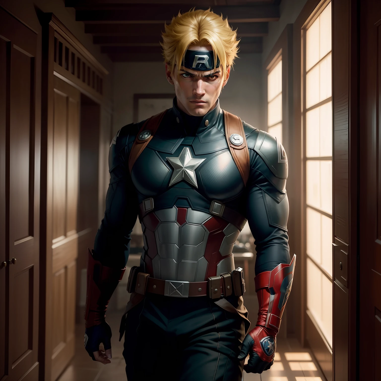. .Tarantino Naruto style as Captain America 8k, highes definition, rosto detalhado, rosto detalhado, olhos detalhados, terno detalhado, estilo Marvel e DC, hiper-realista, + Cinematographic shot + dynamic compositing, incrivelmente detalhado, nitidez, detalhes + detalhes soberbos + noite com luz + perfeccionismo + realismo premiado ((soft-lighting))